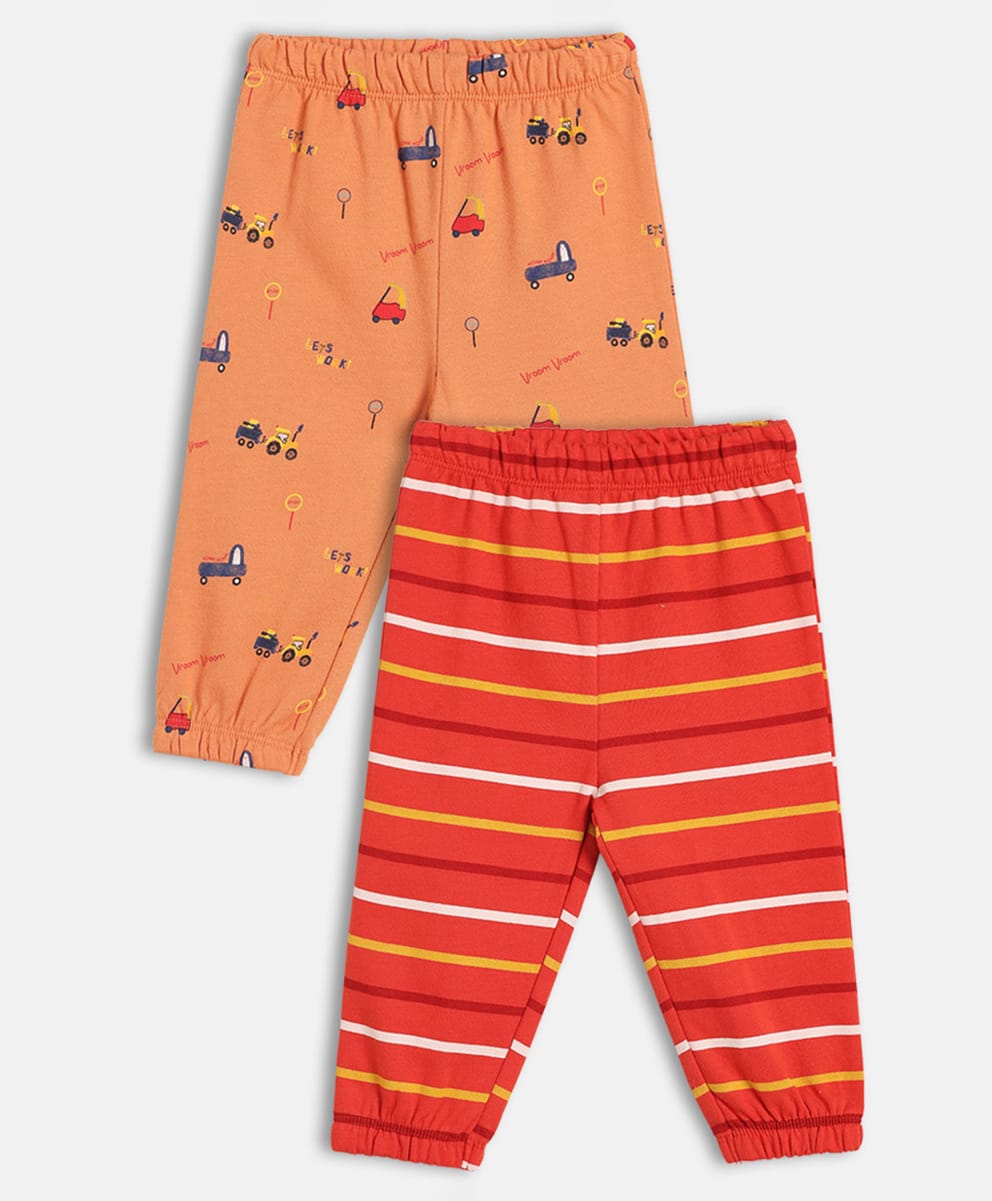 MINI KLUB Cotton Knit Pack Of 2 Car Printed & Striped Bottoms - Red & Orange-picture-19