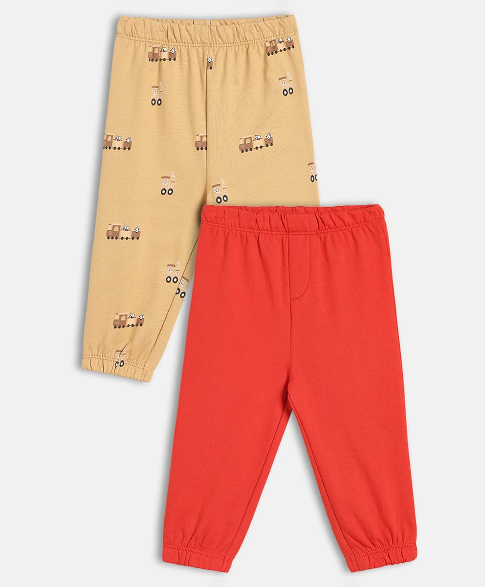 MINI KLUB Cotton Knit Pack Of 2 Solid & Vehicle Printed Pajamas - Red & Beige-image-44