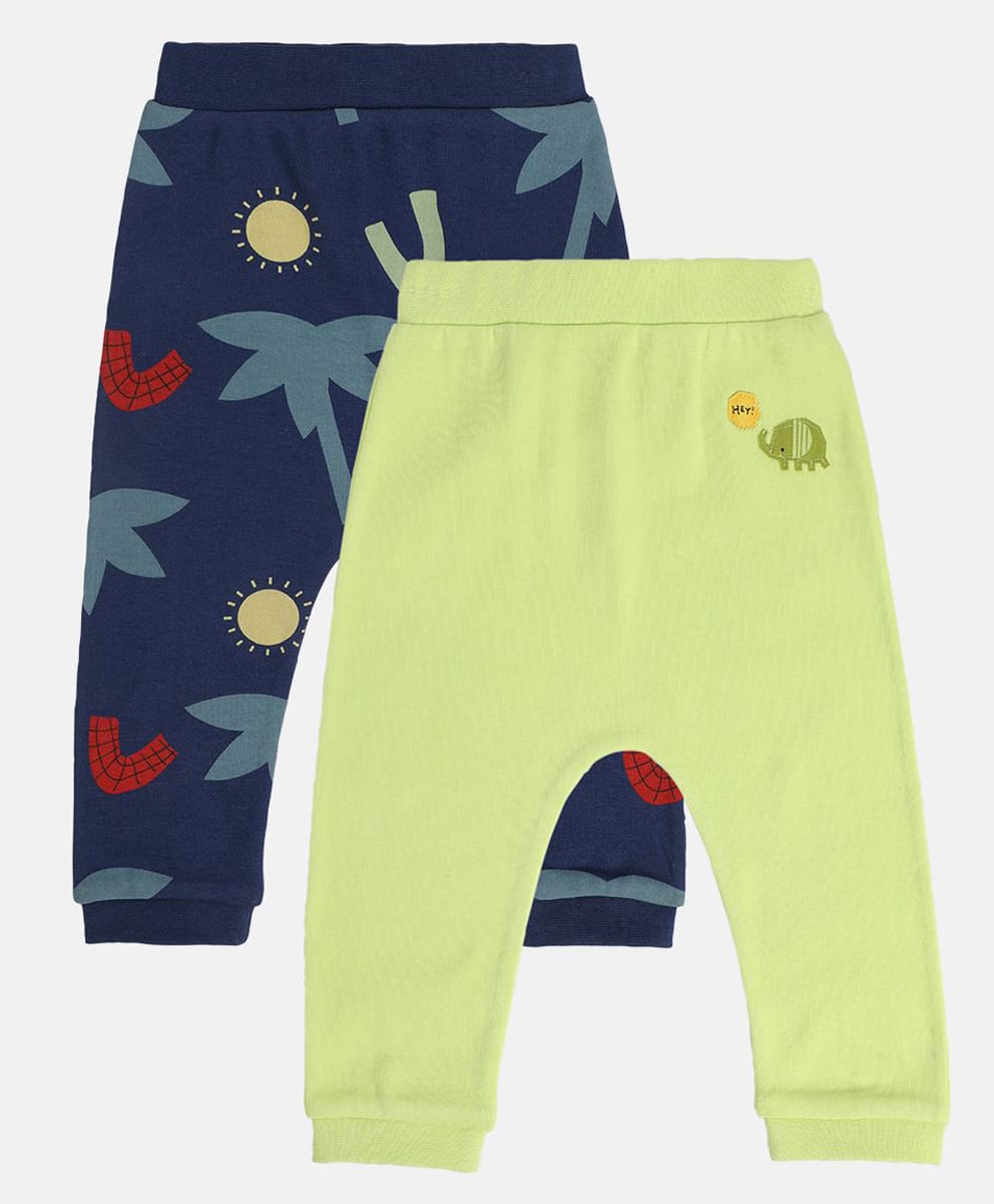 MINI KLUB Cotton Knit Pack Of 2 Solid & Palm Tree Printed Diaper Leggings - Navy Blue & Light Green-picture-37