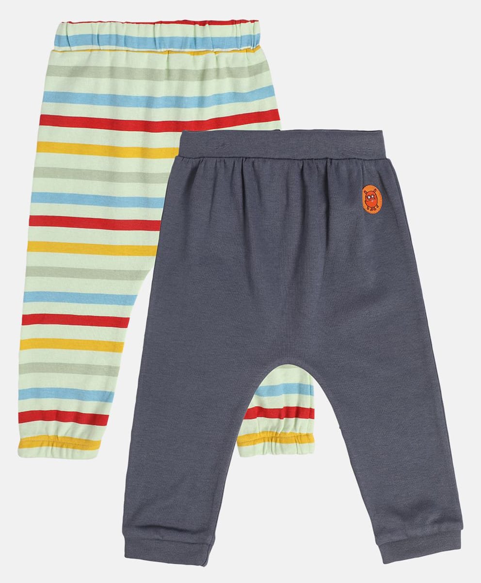 MINI KLUB Cotton Knit Pack Of 2 Solid & Striped Diaper Leggings - Grey & White-picture-35