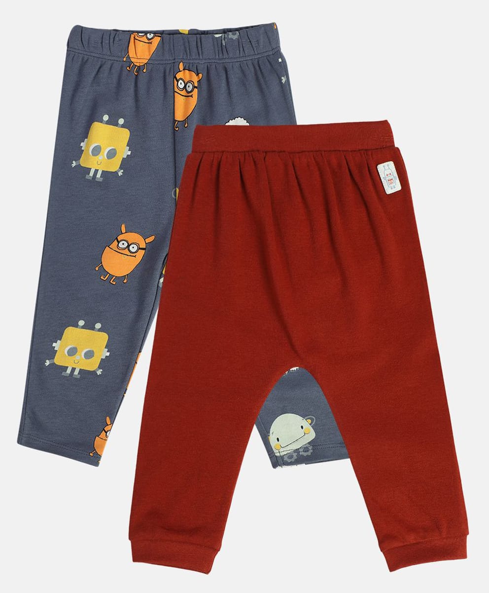 MINI KLUB Cotton Knit Pack Of 2 Solid & Little Monsters Printed Pajamas - Dark Grey & Maroon-picture-18