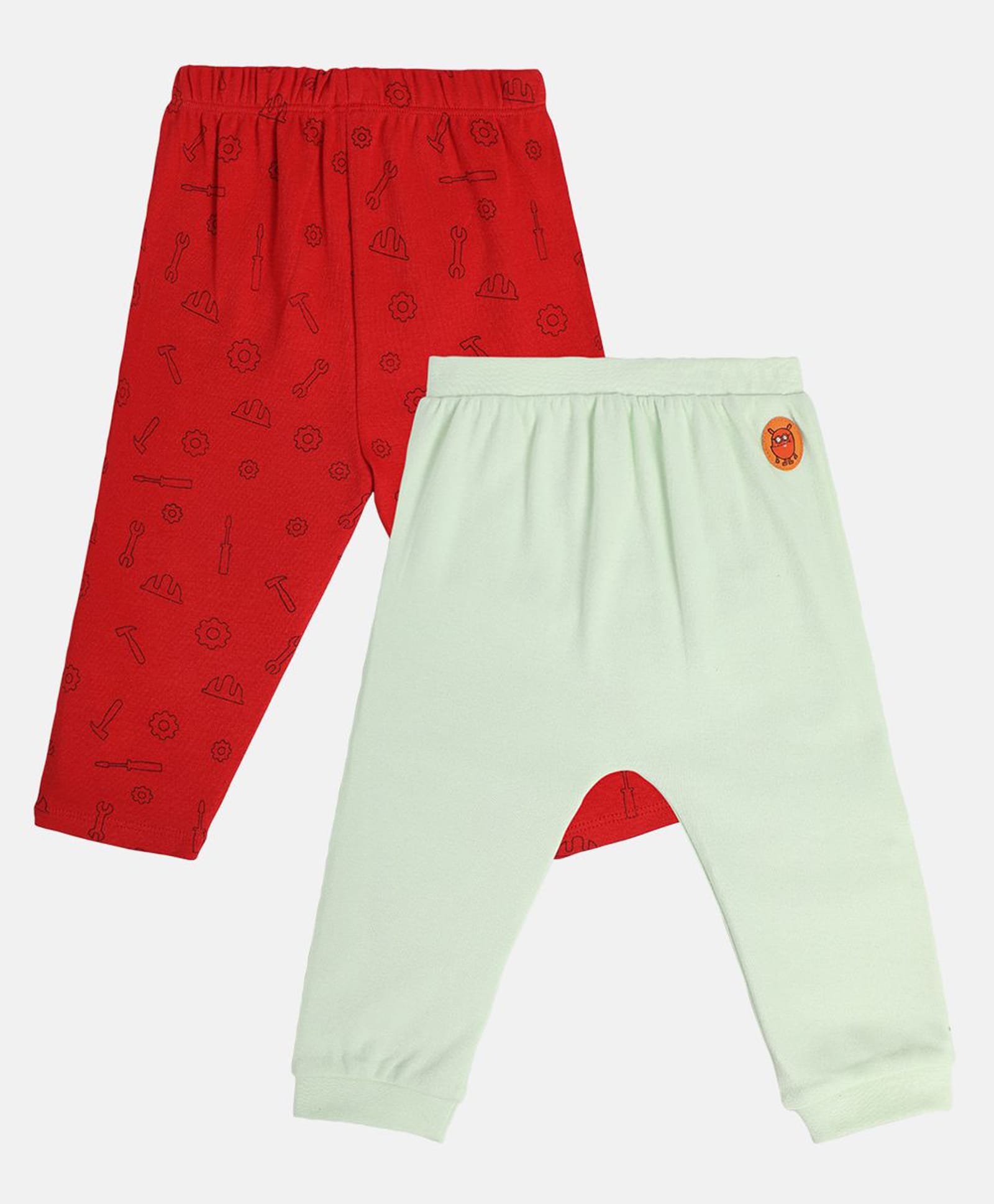 MINI KLUB Cotton Knit Pack Of 2 Solid & Tools Printed Pants - White & Red-picture-17