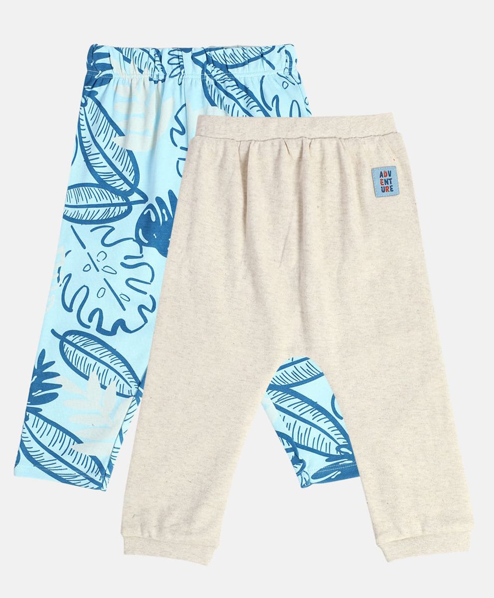 MINI KLUB Cotton Knit Pack Of 2 Solid & Leaves Printed Pajamas - White & Sky Blue-picture-11