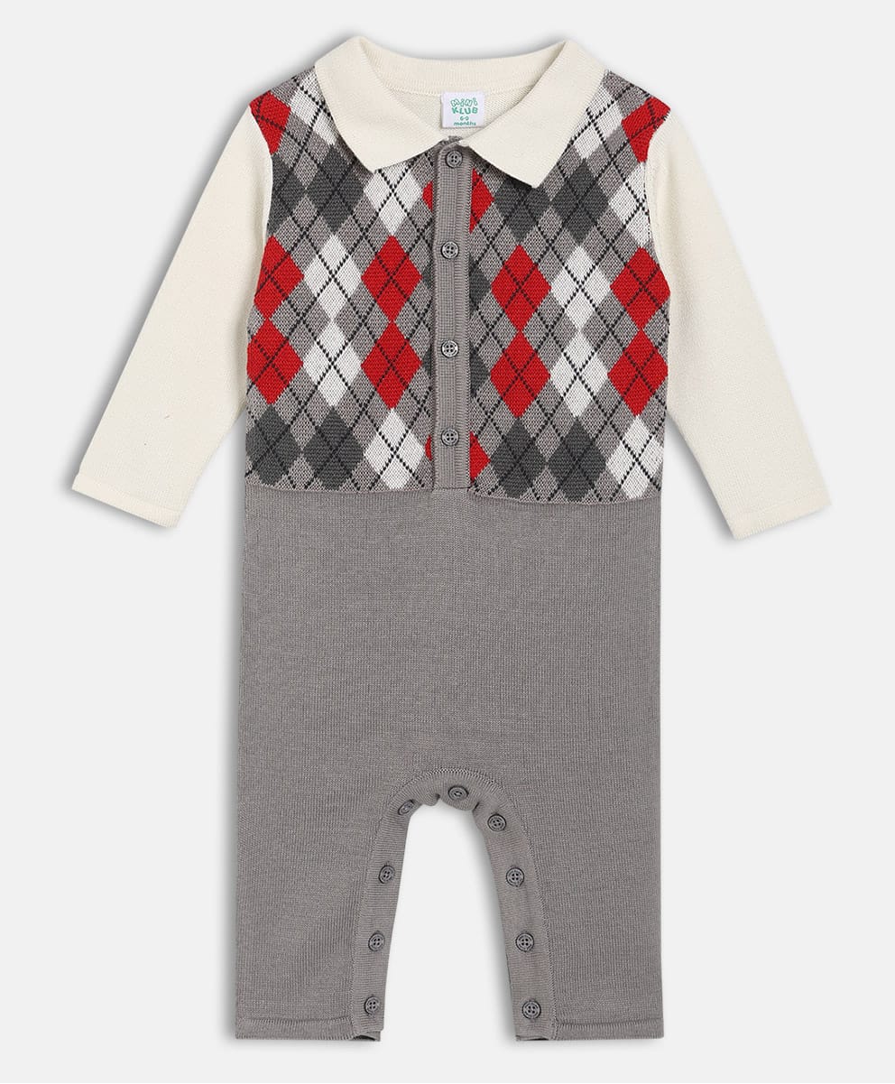 MINI KLUB Cotton Knit Full Sleeves Geometric Designed Romper - Grey-image-29
