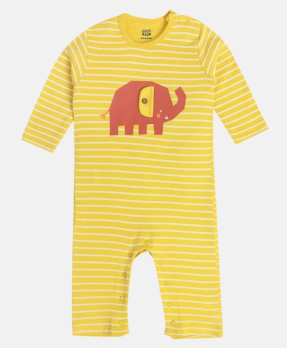MINI KLUB Cotton Knit Full Sleeves Striped & Elephant Printed Romper - Mustard-picture-18