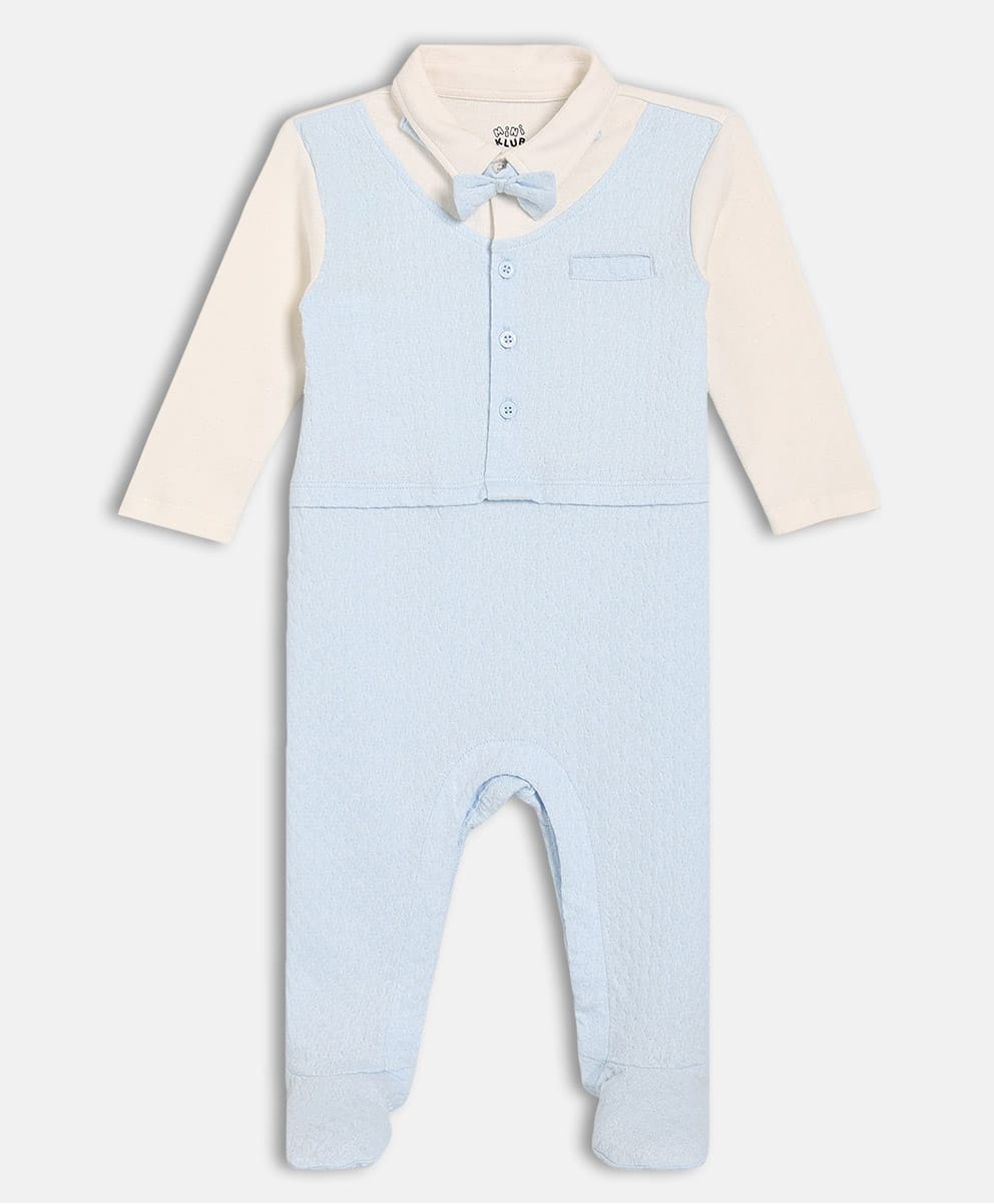 MINI KLUB Cotton Knit Full Sleeves Colour Blocked & Bow Applique Detailed Sleepsuit - Blue-image-22