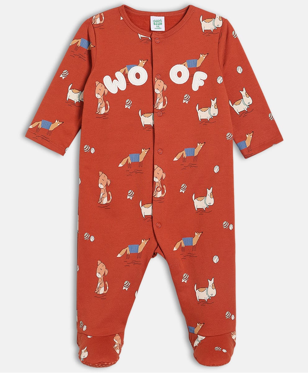 MINI KLUB Cotton Knit Full Sleeves Cute Dogs Printed Sleepsuit - Rust Orange-picture-40