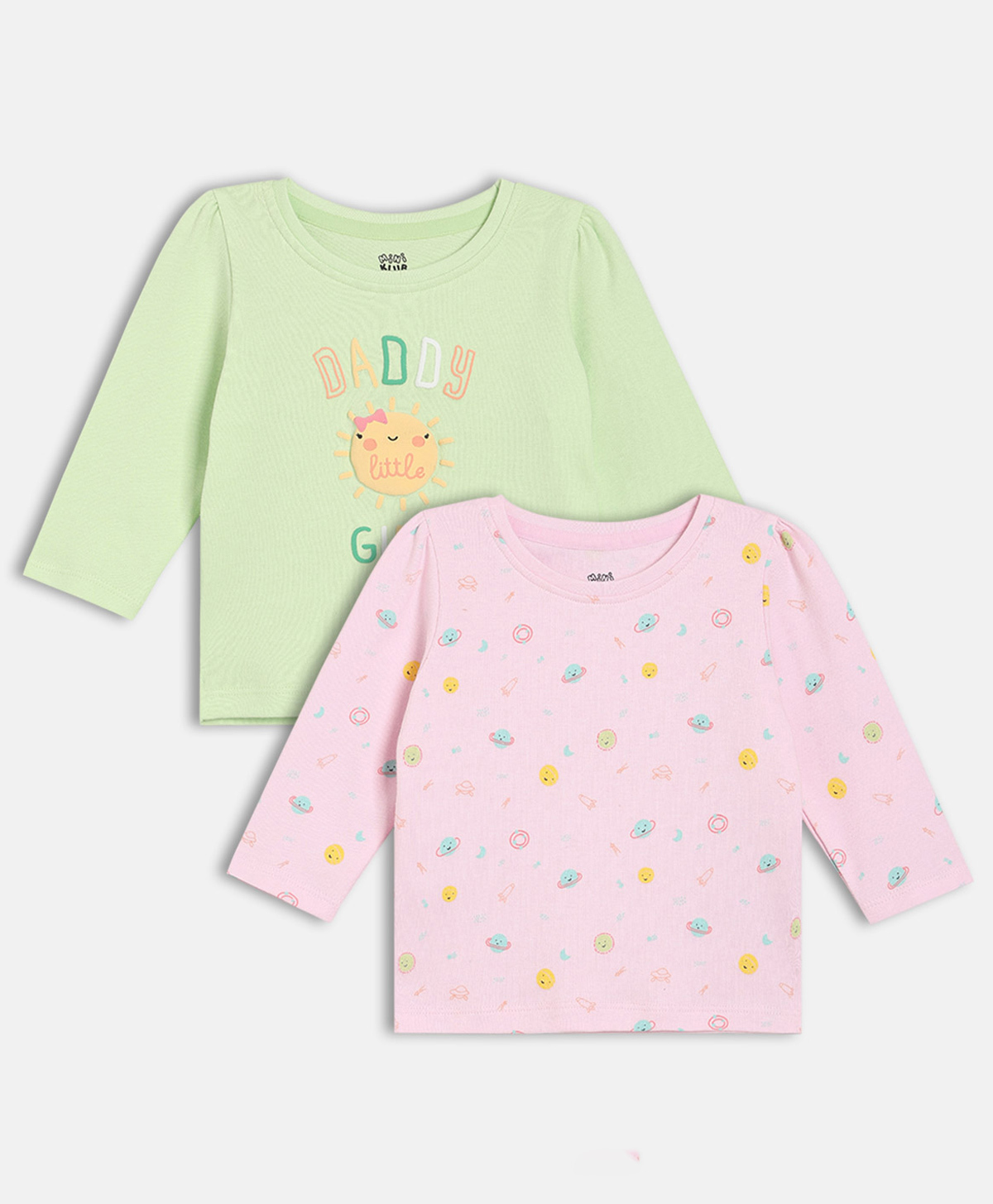 MINI KLUB Cotton Knit Pack Of 2 Full Sleeves Daddy Little Girl Text & Planet Printed Tops - Green & Pink-picture-13