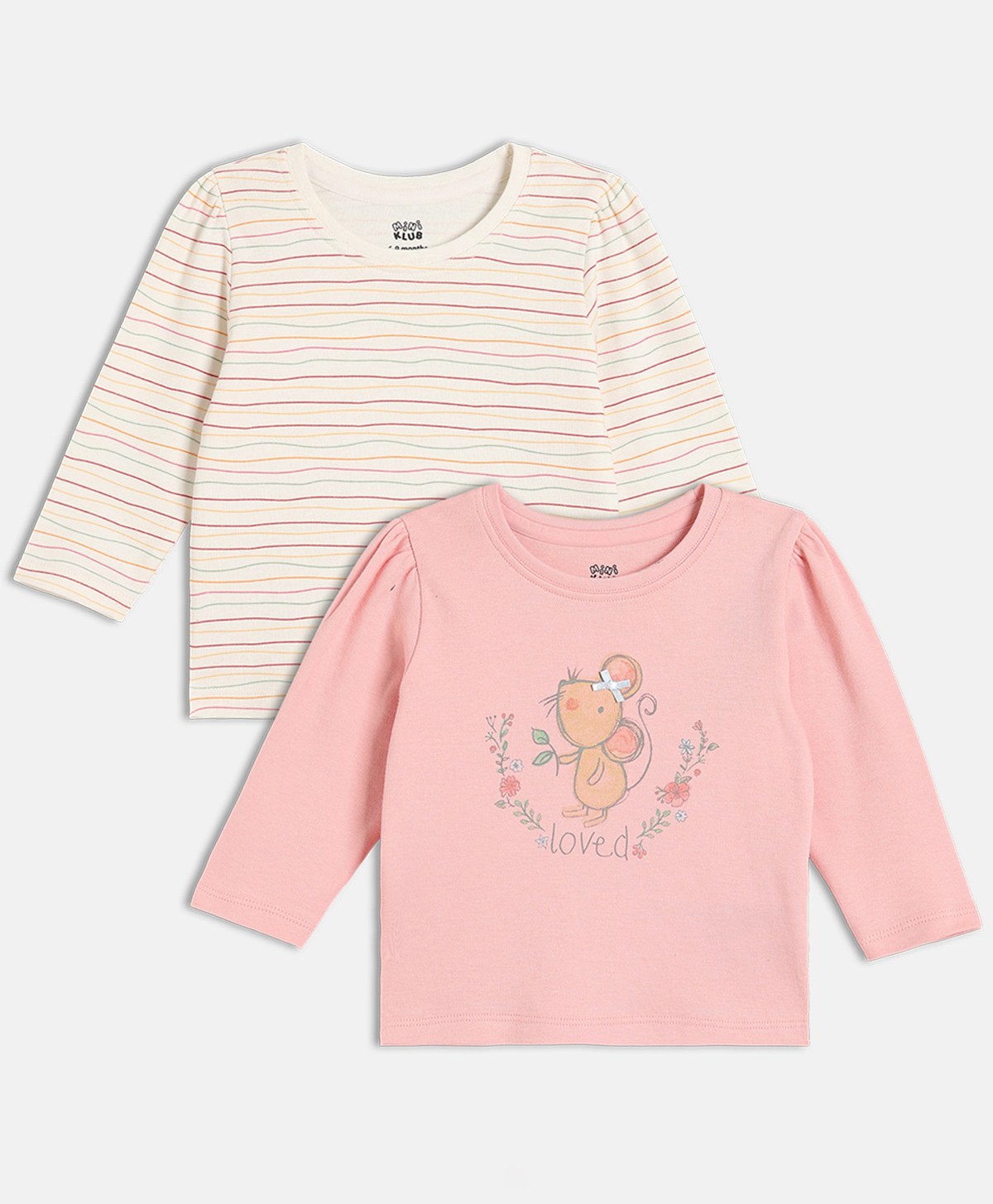 MINI KLUB Cotton Knit Pack Of 2 Full Sleeves Striped & Floral Printed Tops - Pink & White-picture-18