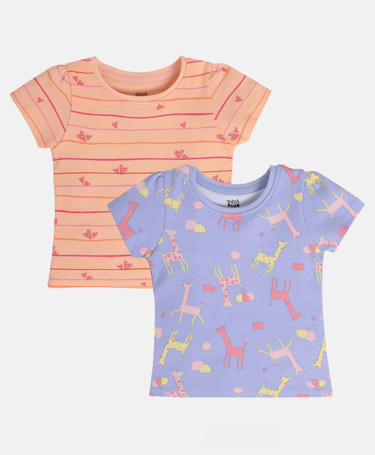 MINI KLUB Cotton Knit Pack Of 2 Half Sleeves Striped Animal Heart Printed Tops - Peach & Purple-image-39