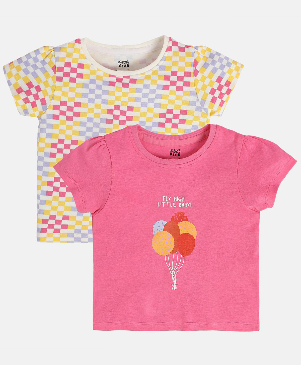 MINI KLUB Cotton Knit Pack Of 2 Half Sleeves Checksboard & Balloons Printed Tops - White & Pink-picture-17