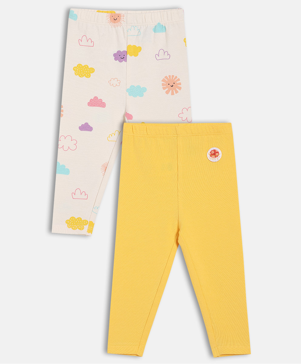 MINI KLUB Cotton Knit Pack Of 2 Solid & Clouds Printed Leggings - Pink & Yellow-picture-26
