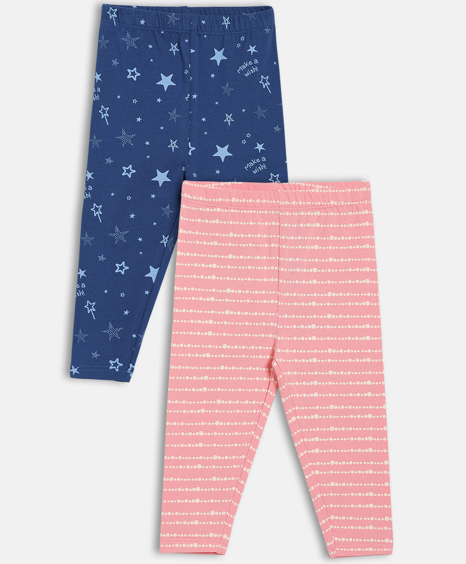 MINI KLUB Cotton Knit Pack Of 2 Abstract & Stars Printed Leggings - Pink & Blue-picture-44