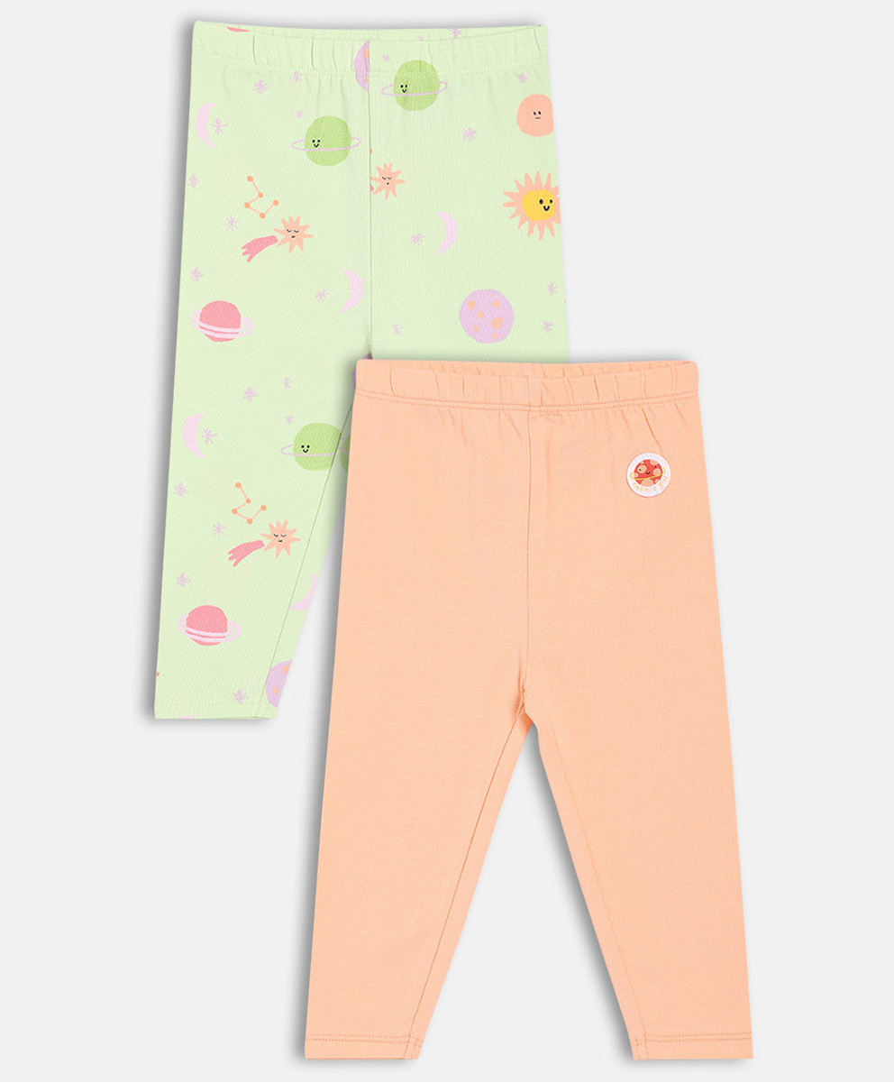MINI KLUB Cotton Knit Pack Of 2 Solid & Space Theme Printed Leggings - Peach & Green-image-28