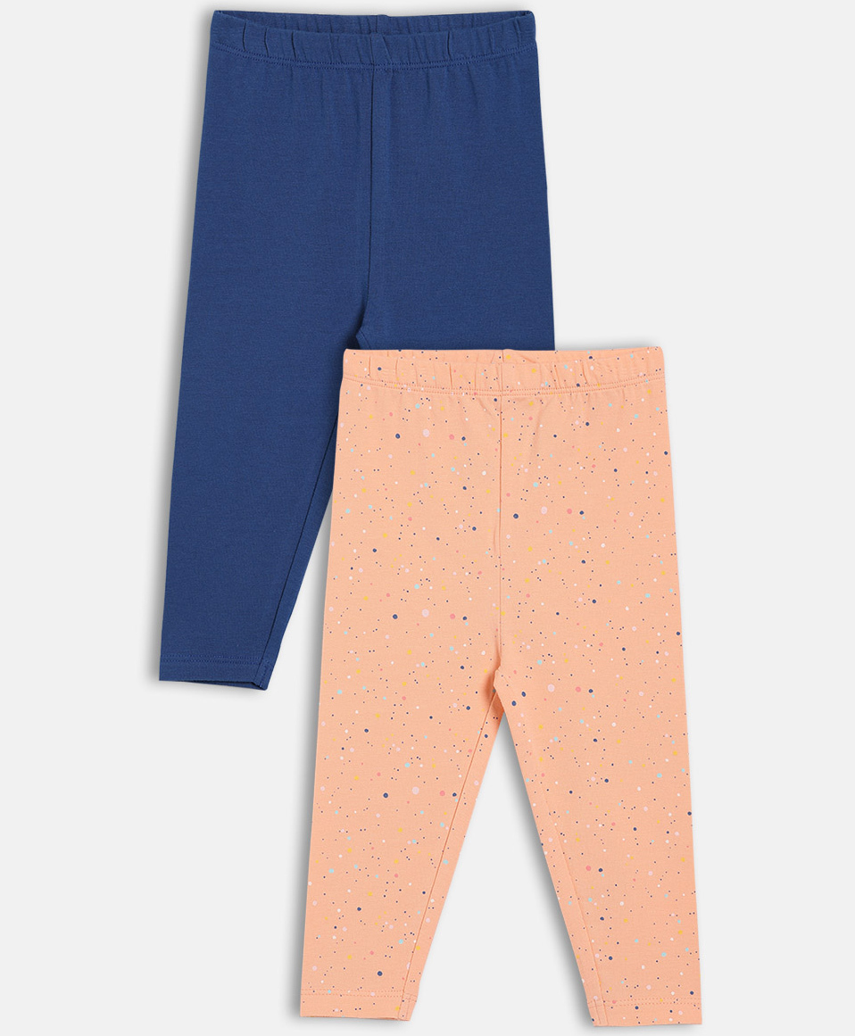 MINI KLUB Cotton Knit Pack Of 2 Solid & Polka Dots Printed Leggings - Pink & Blue-image-27