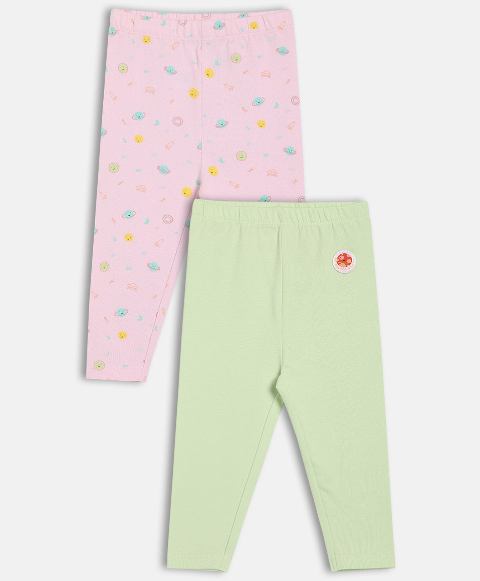 MINI KLUB Cotton Knit Pack Of 2 Solid & Space Theme Printed Leggings - Pink & Green-image-1