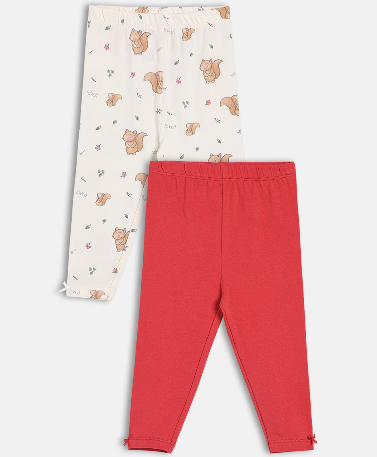 MINI KLUB Cotton Knit Pack Of 2 Solid & Cute Squirrels Printed Leggings - White & Red-picture-31