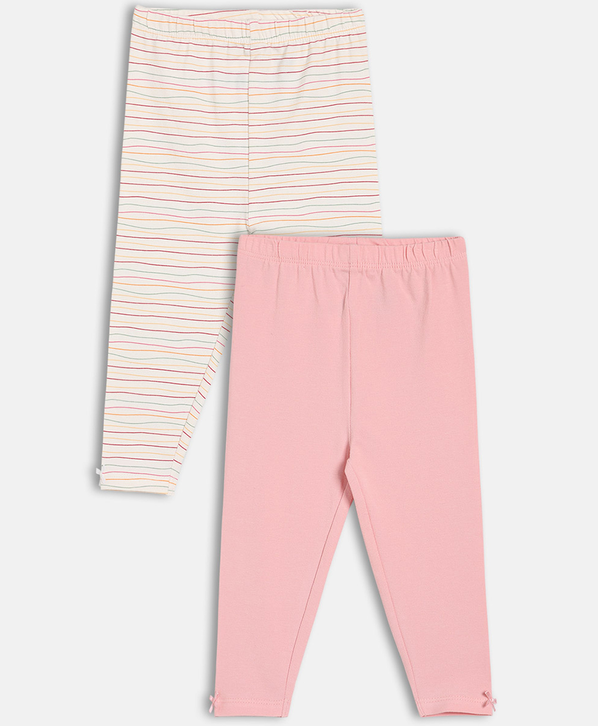 MINI KLUB Cotton Knit Pack Of 2 Solid & Abstract Striped Leggings - White & Pink-image-22