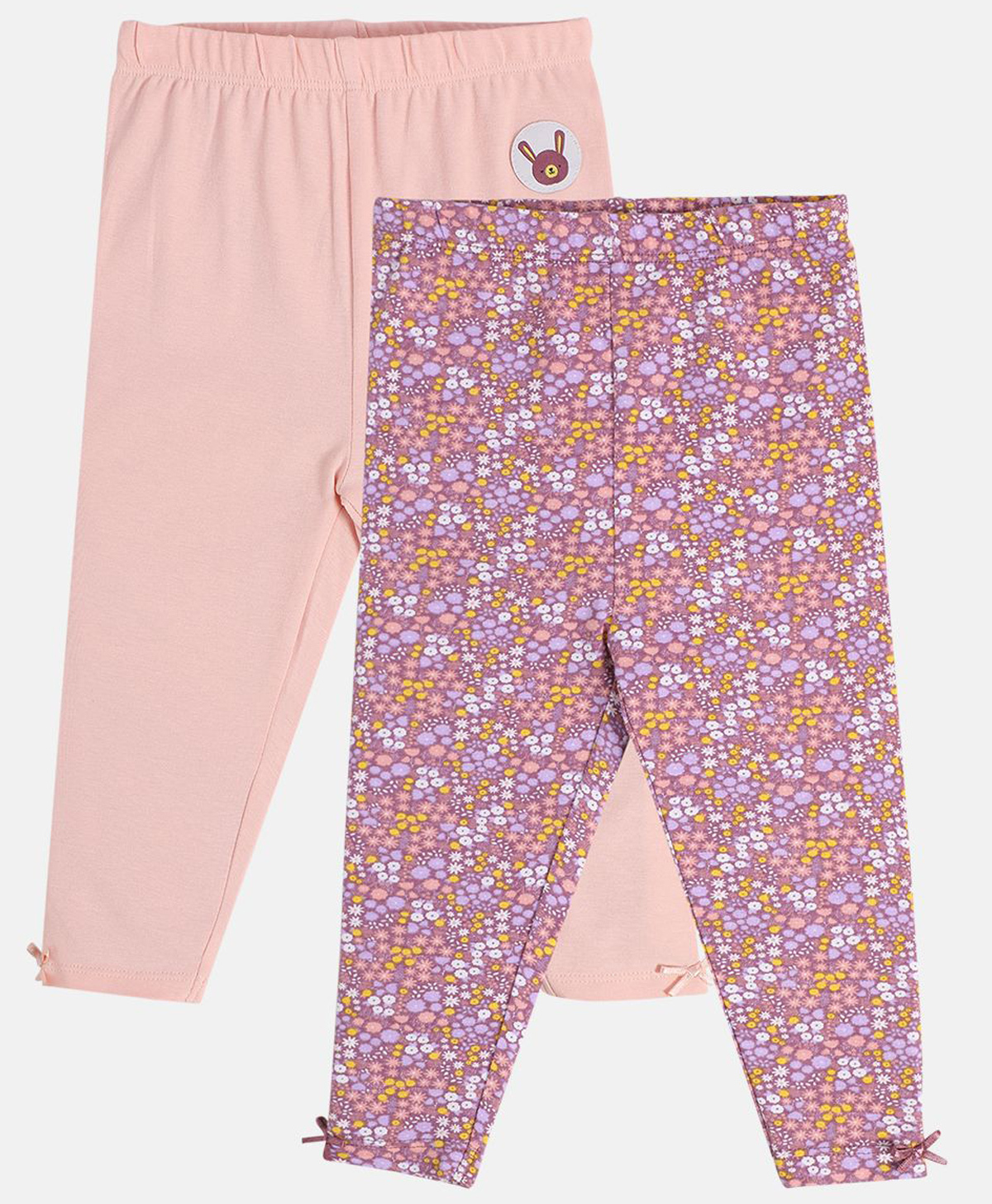 MINI KLUB Cotton Knit Pack Of 2 Solid & Floral Printed Leggings - Light Pink & Multi Colour-image-27