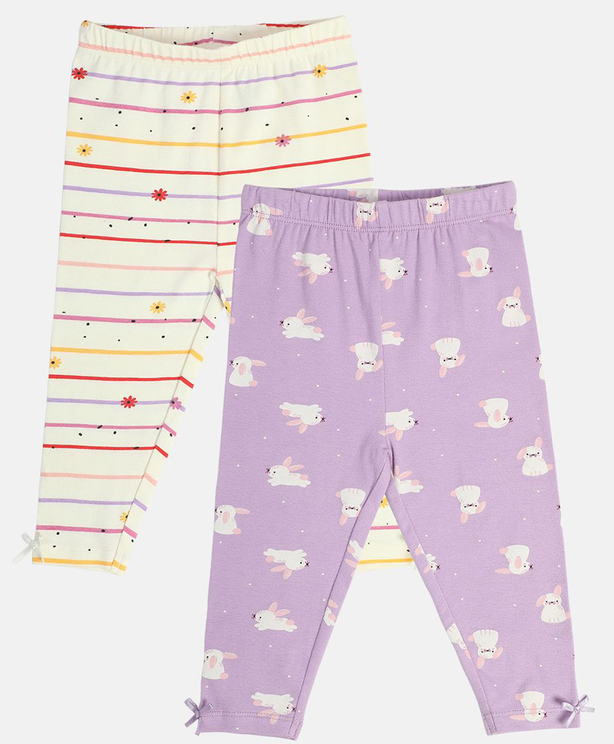 MINI KLUB Cotton Knit Pack Of 2 Striped & Cute Baby Bunny Printed Leggings - Lavender & White-image-27
