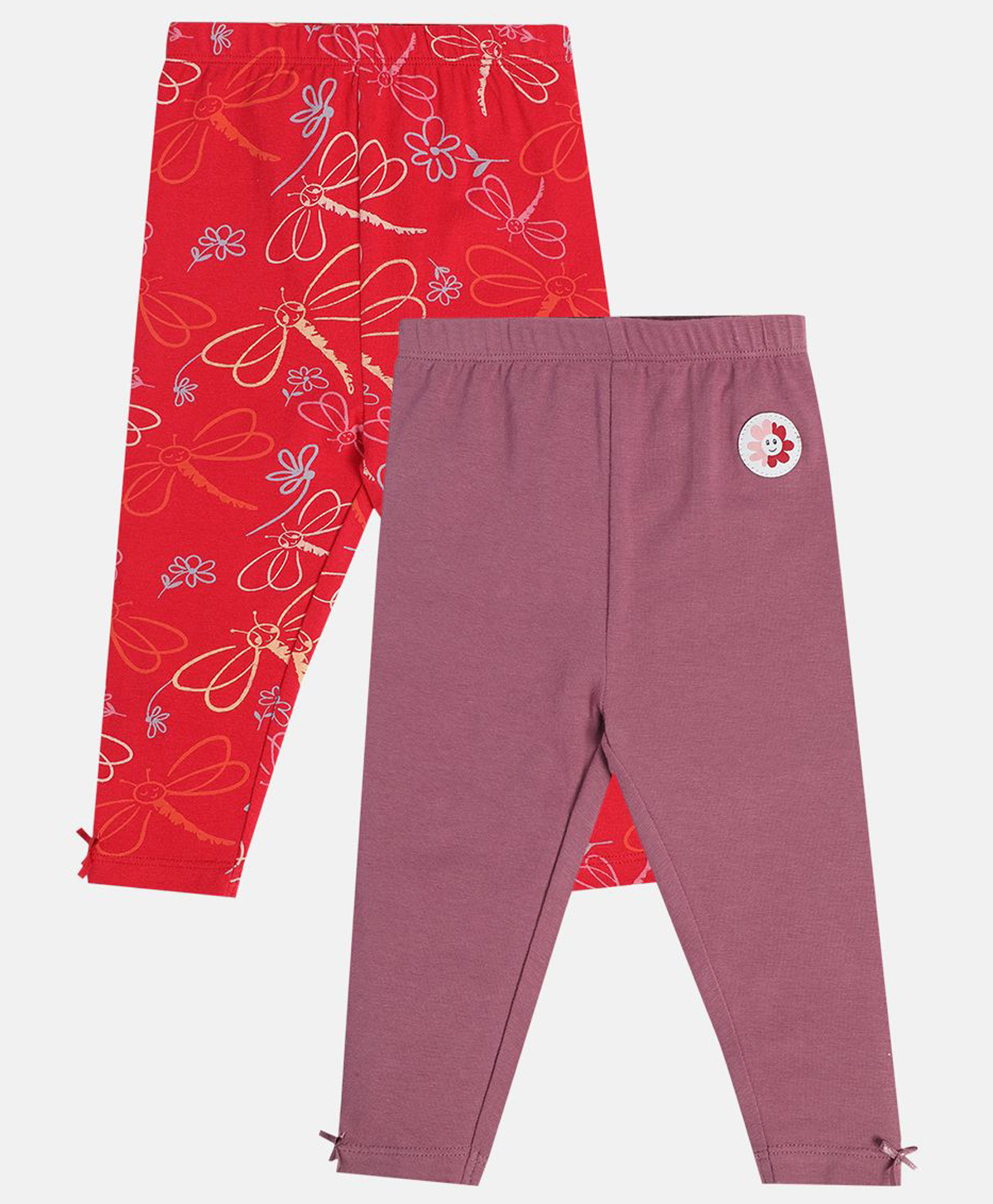 MINI KLUB Cotton Knit Pack Of 2 Solid & Floral Printed Leggings - Purple & Red-image-25