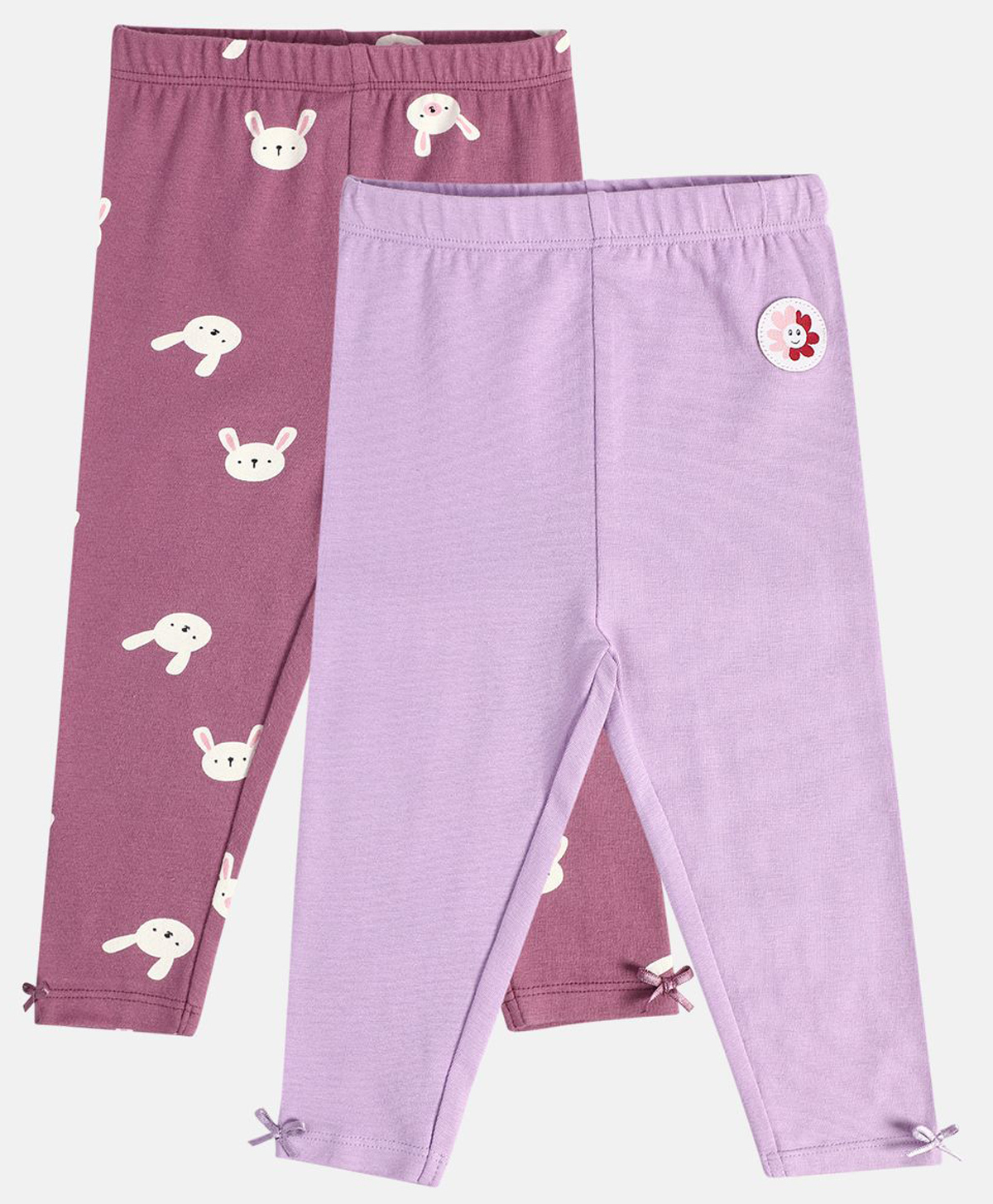 MINI KLUB Cotton Knit Pack Of 2 Solid & Cute Baby Bunny Printed Leggings - Purple & Lavender-image-26