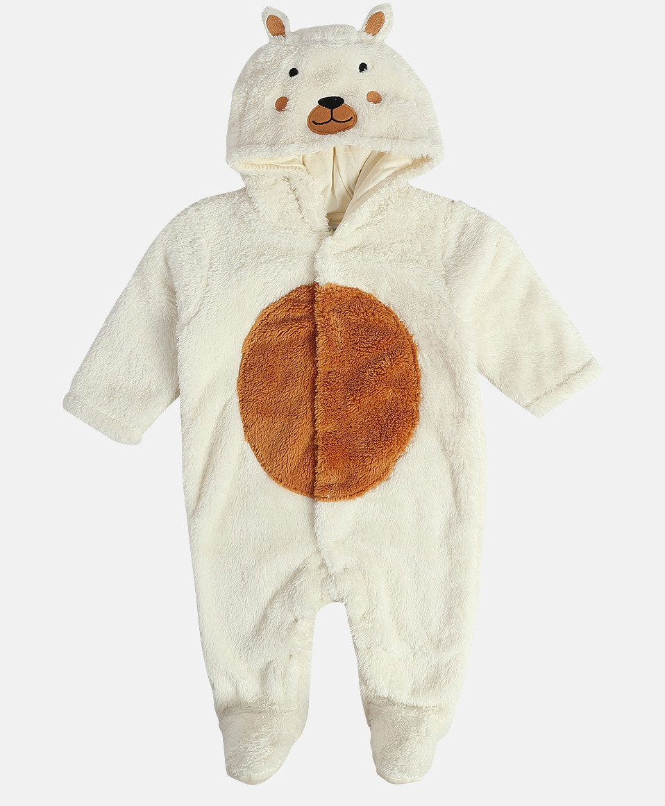 MINI KLUB Cotton Knit Full Sleeves Animal Designed Hooded Sleepsuit - White-image-21