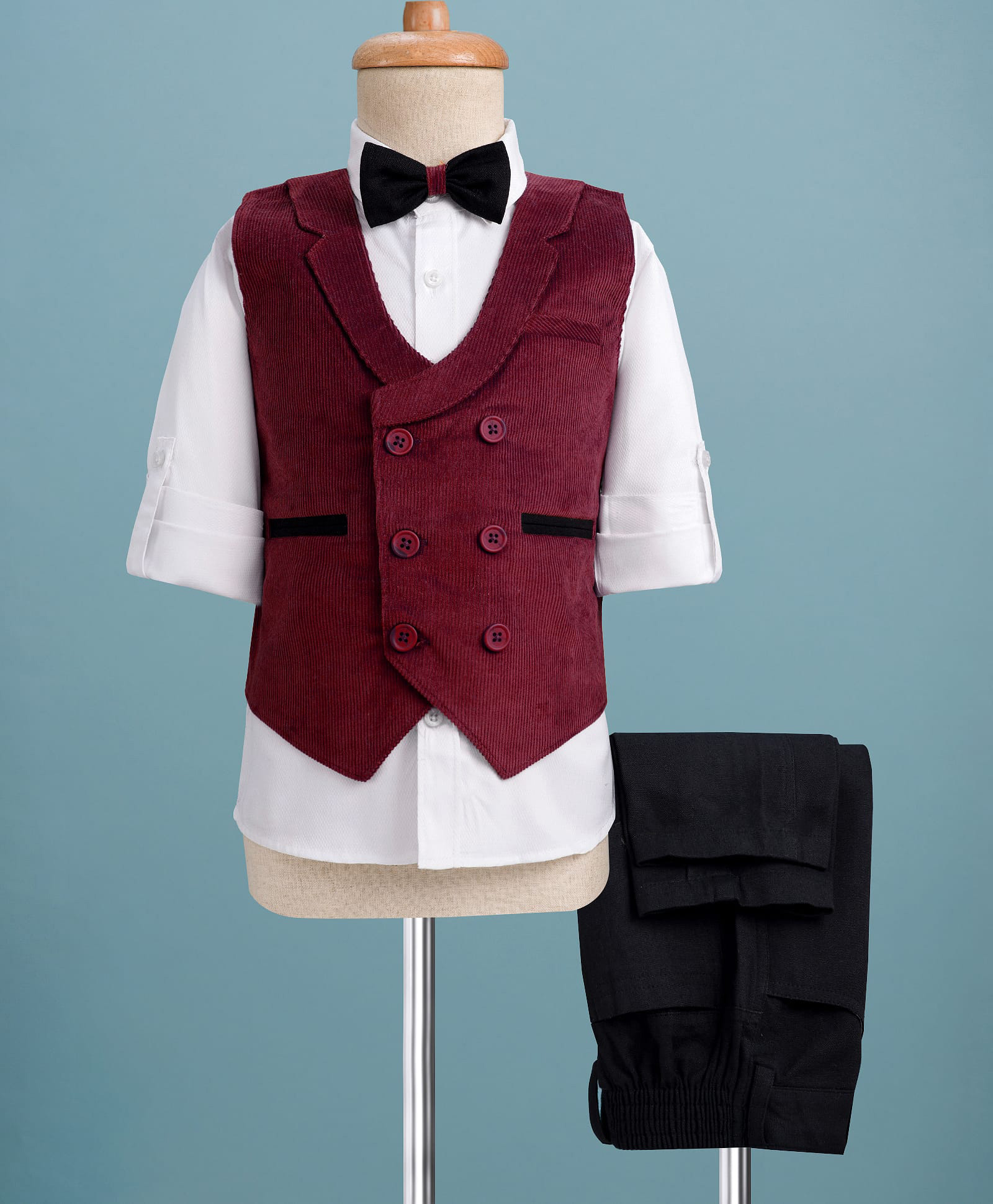 Rikidoos Full Sleeves Solid 3 Piece Party Suit Set With Bow - White & Black-picture-22