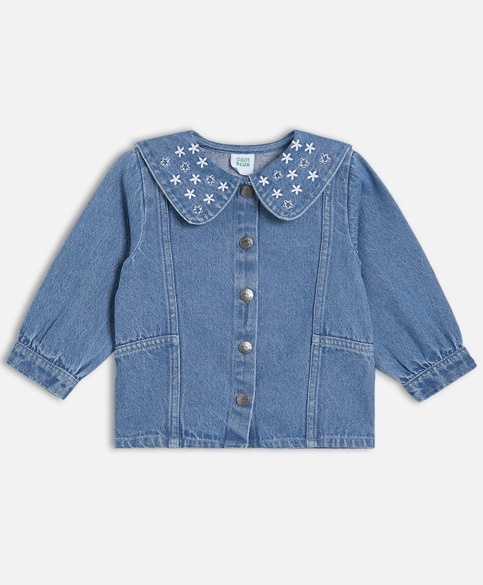 MINI KLUB Cotton Woven Full Sleeves Floral Embroidered Peter Pan Collar Jacket - Blue-picture-38