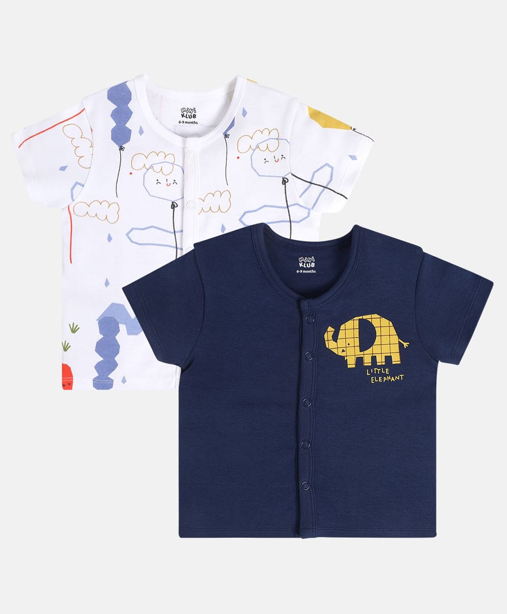 MINI KLUB Cotton Knit Pack Of 2 Half Sleeves Doodle Art & Animal Printed Jhablas - Navy Blue & White-image-13