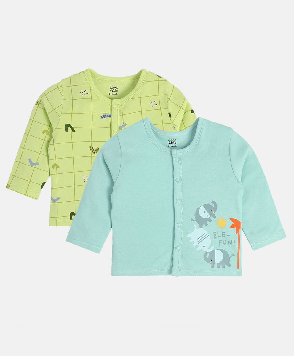MINI KLUB Cotton Knit Pack Of 2 Full Sleeves Doodle Art & Animal Printed Jhablas - Blue & Green-image-30