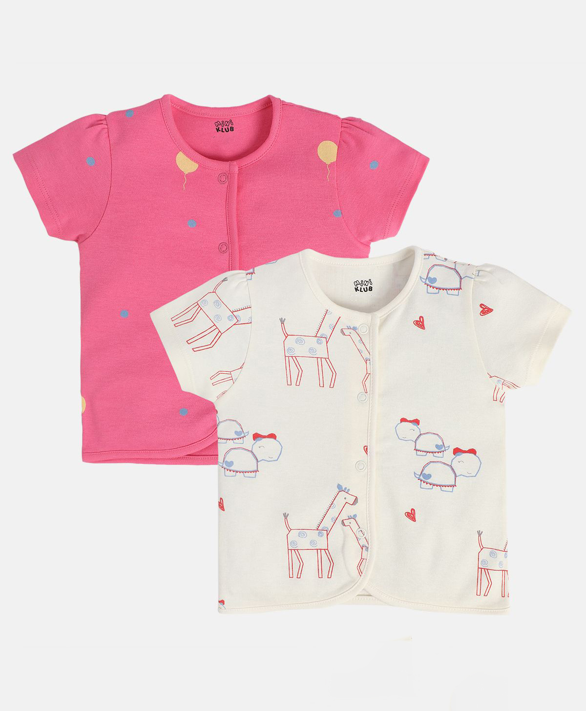 MINI KLUB Cotton Knit Pack Of 2 Half Puffed Sleeves Hearts & Ballons Printed Jhablas - White & Pink-picture-38
