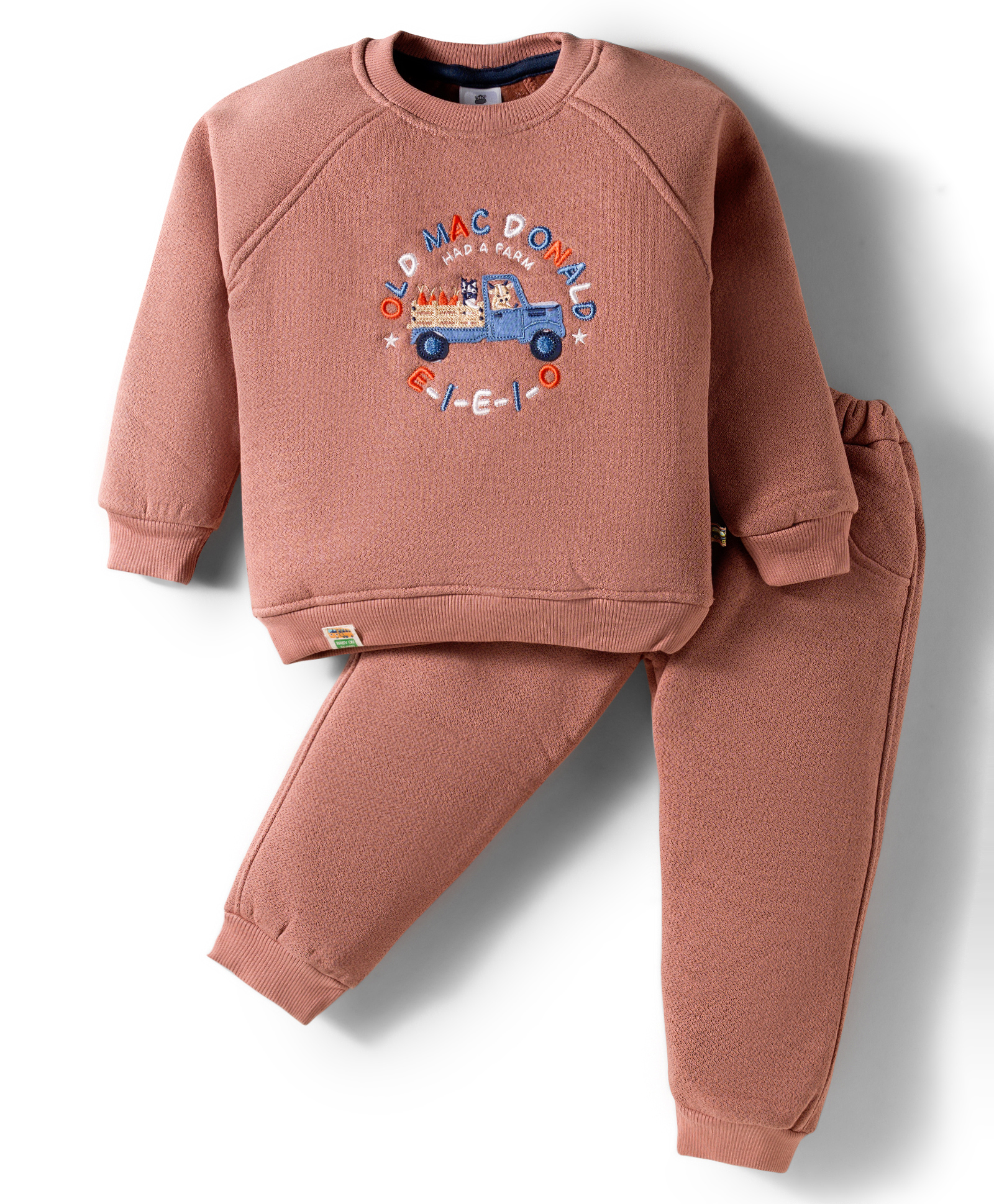Mini Taurus Fleece Knit Full Sleeves Winter Wear T-Shirt & Joggers Set with Text Embroidery - Coral-picture-20