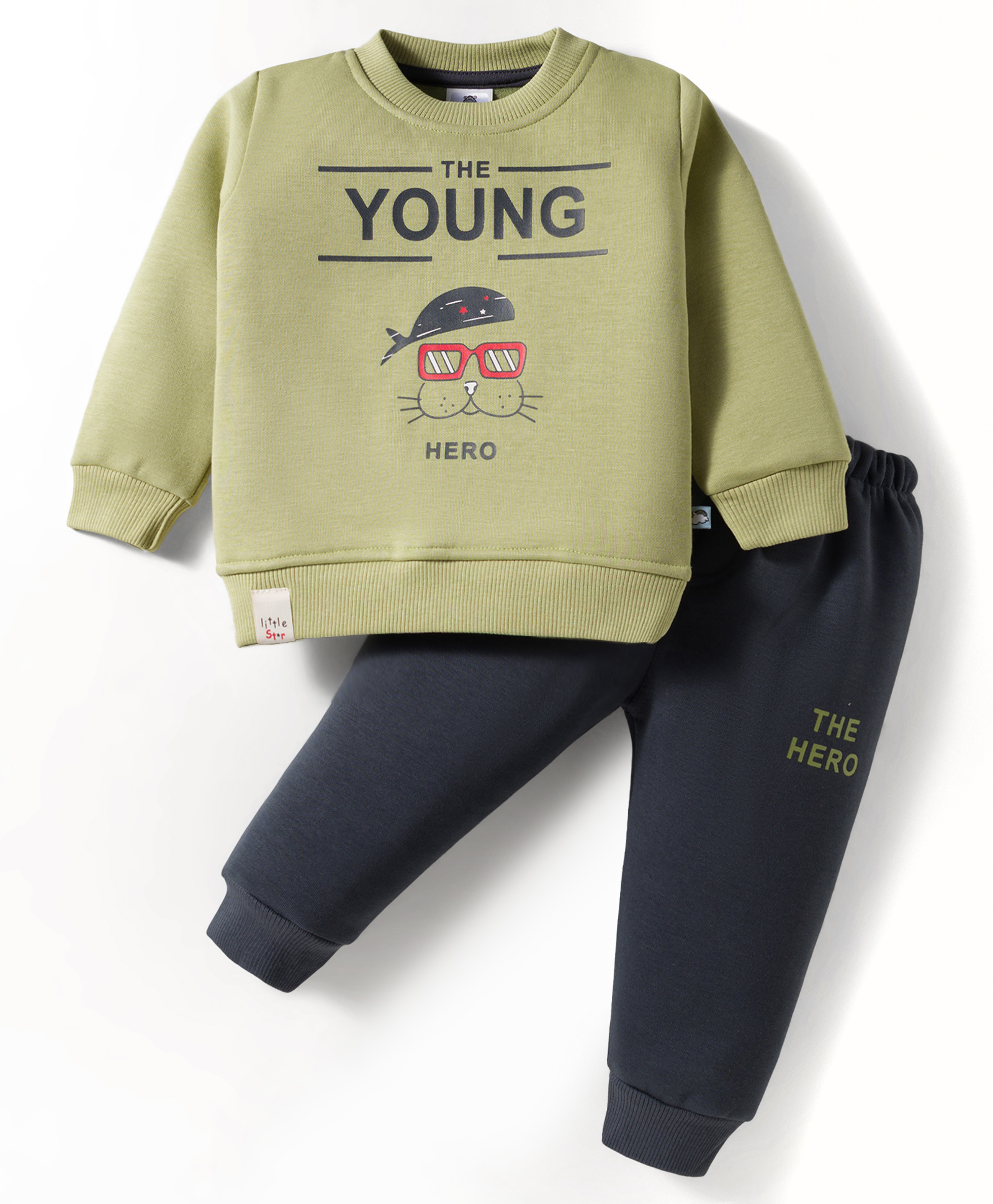 Mini Taurus Fleece Knit Full Sleeves Winter Wear T-Shirt & Joggers Set with Young Text Embroidery - Light Green-image-31