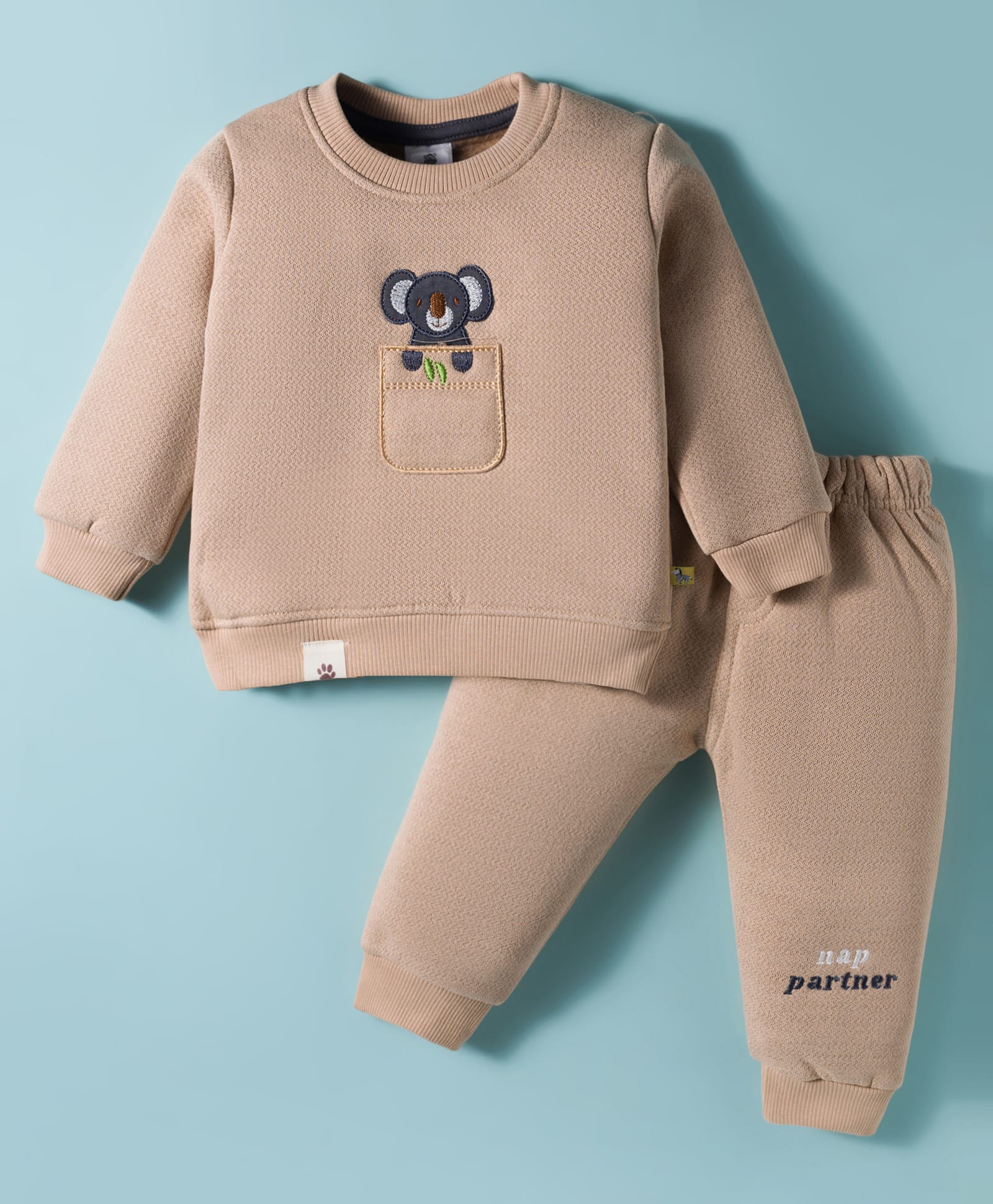 Mini Taurus Cotton Knit Full Sleeves Winter Wear Night Suit With Bear Embroidery - Blue