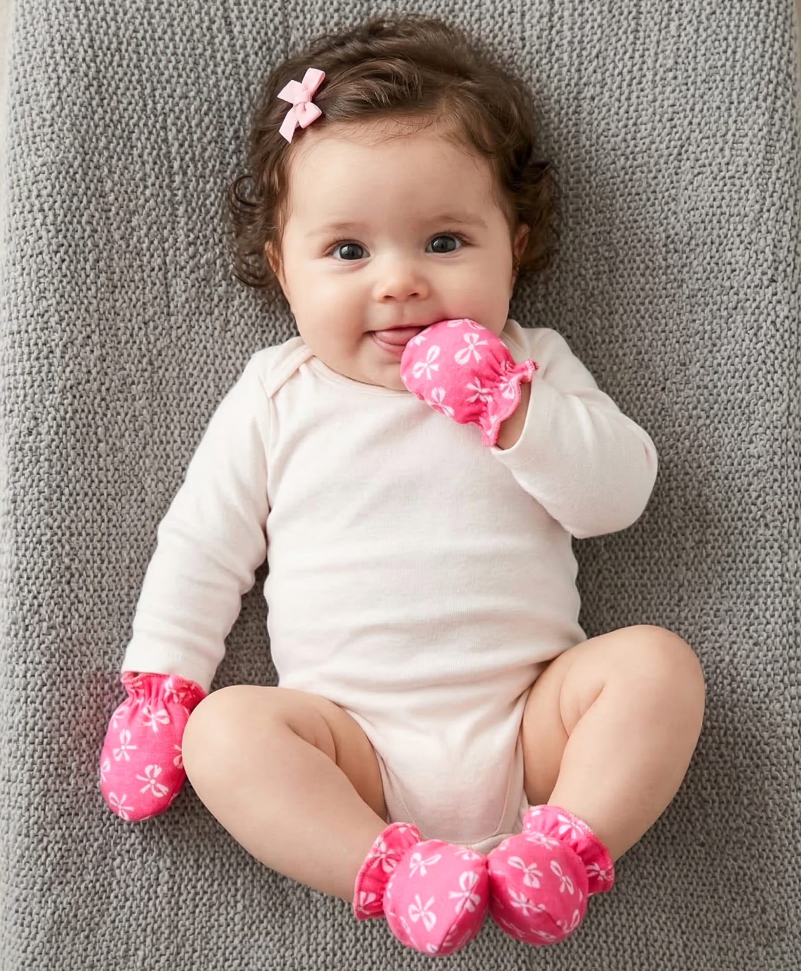 Babyhug 100% Cotton Knit Mittens & Booties Set with Bow Print - Pink-image-8