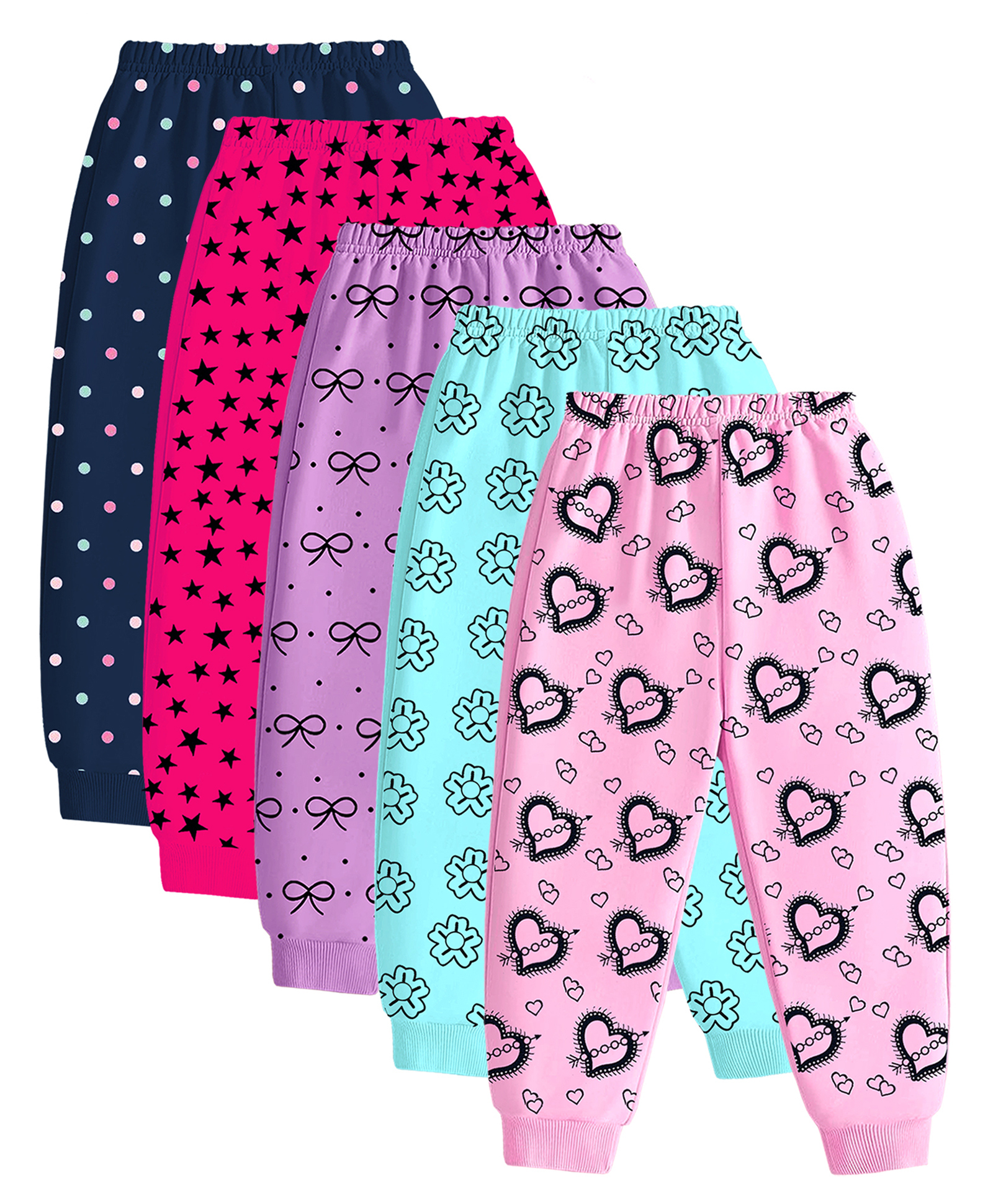 KUCHIPOO Cotton Blend Knit Pack Of 5 Hearts Stars & Floral Printed Pajamas - Pink Lilac Aqua & Navy Blue-picture-17