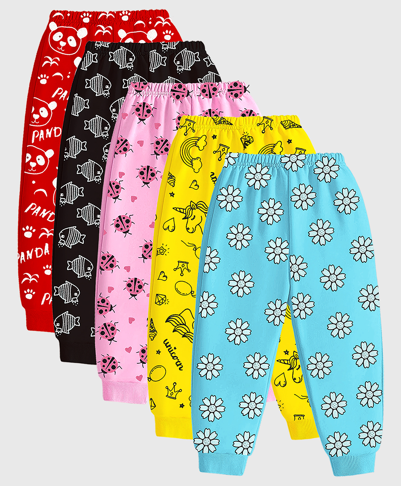 KUCHIPOO Cotton Blend Knit Pack Of 5 Fish Ladybugs & Floral Printed Pajamas - Pink Yellow Red Black & Blue-picture-16