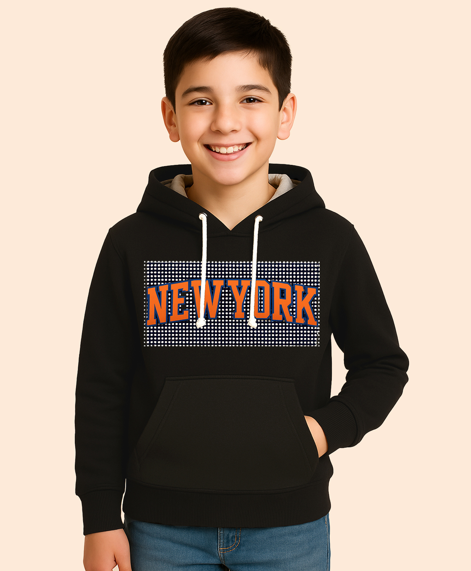 KUCHIPOO Fleece Knit Full Sleeves New York Text Printed Light Winter Hoodie - Black-picture-22