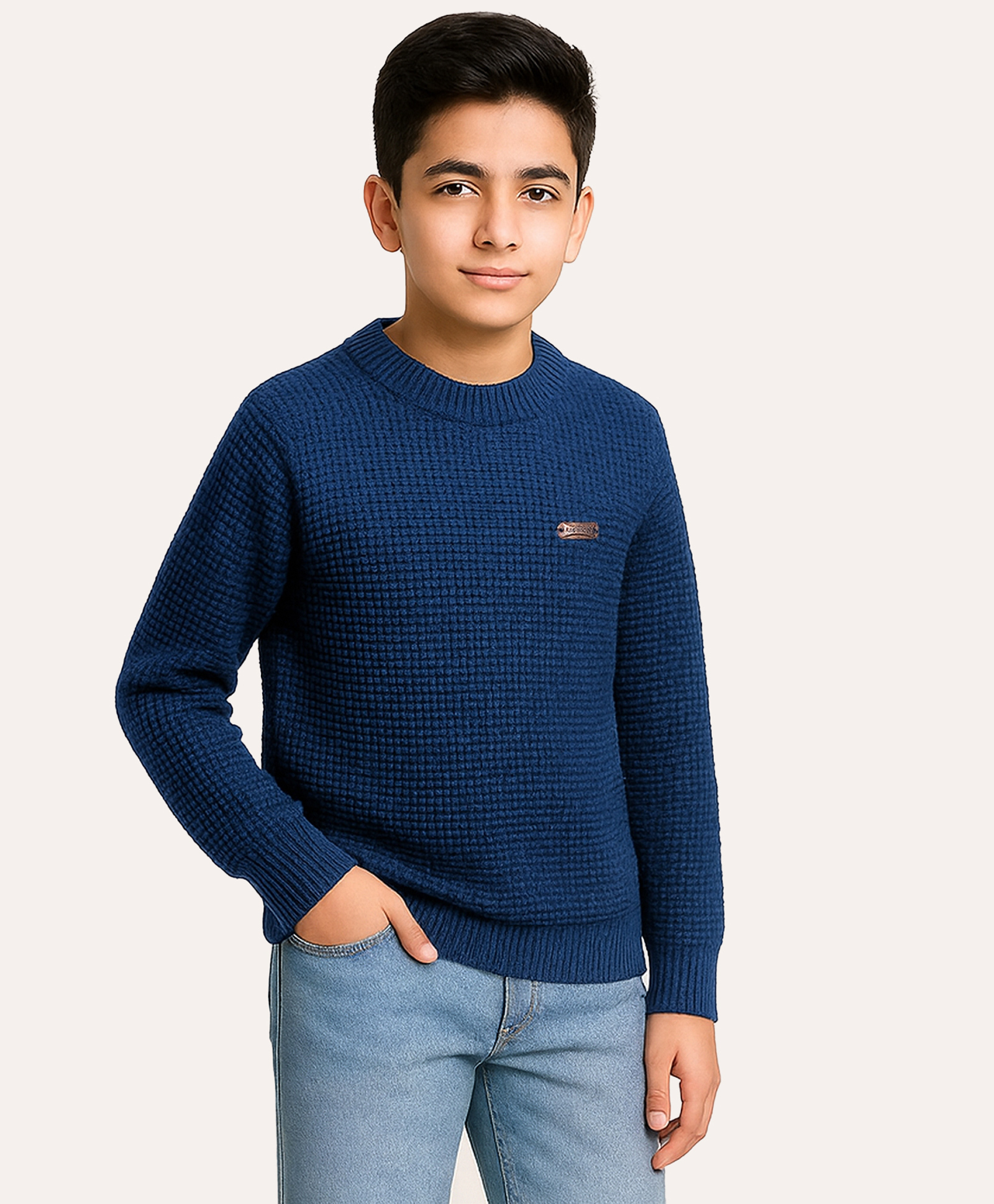 KUCHIPOO Fleece Knit Full Sleeves Textured Sweater - Blue