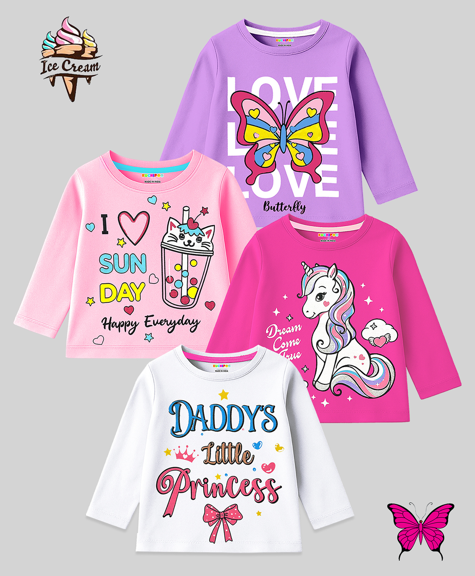 KUCHIPOO Cotton Knit Pack Of 4 Full Sleeves Unicorn Butterfly & Typography Printed Tees - Pink White Lilac & Dark Pink-image-7