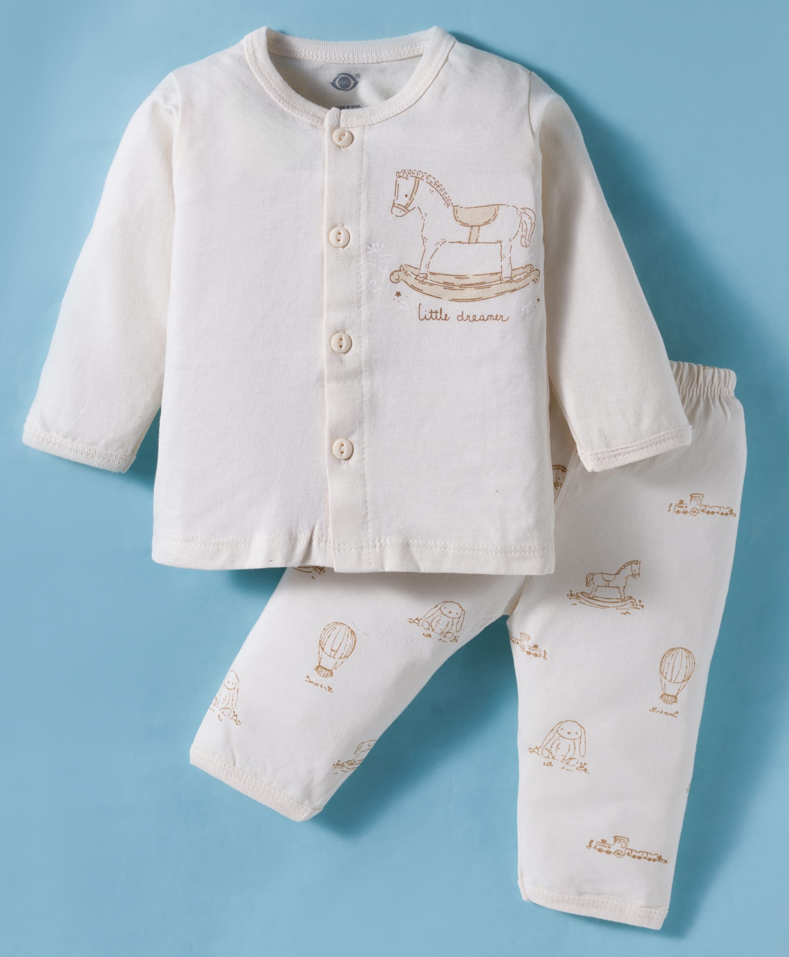 Zero Sinker Knit Full Sleeves Night Suit With Animal Print - Cream