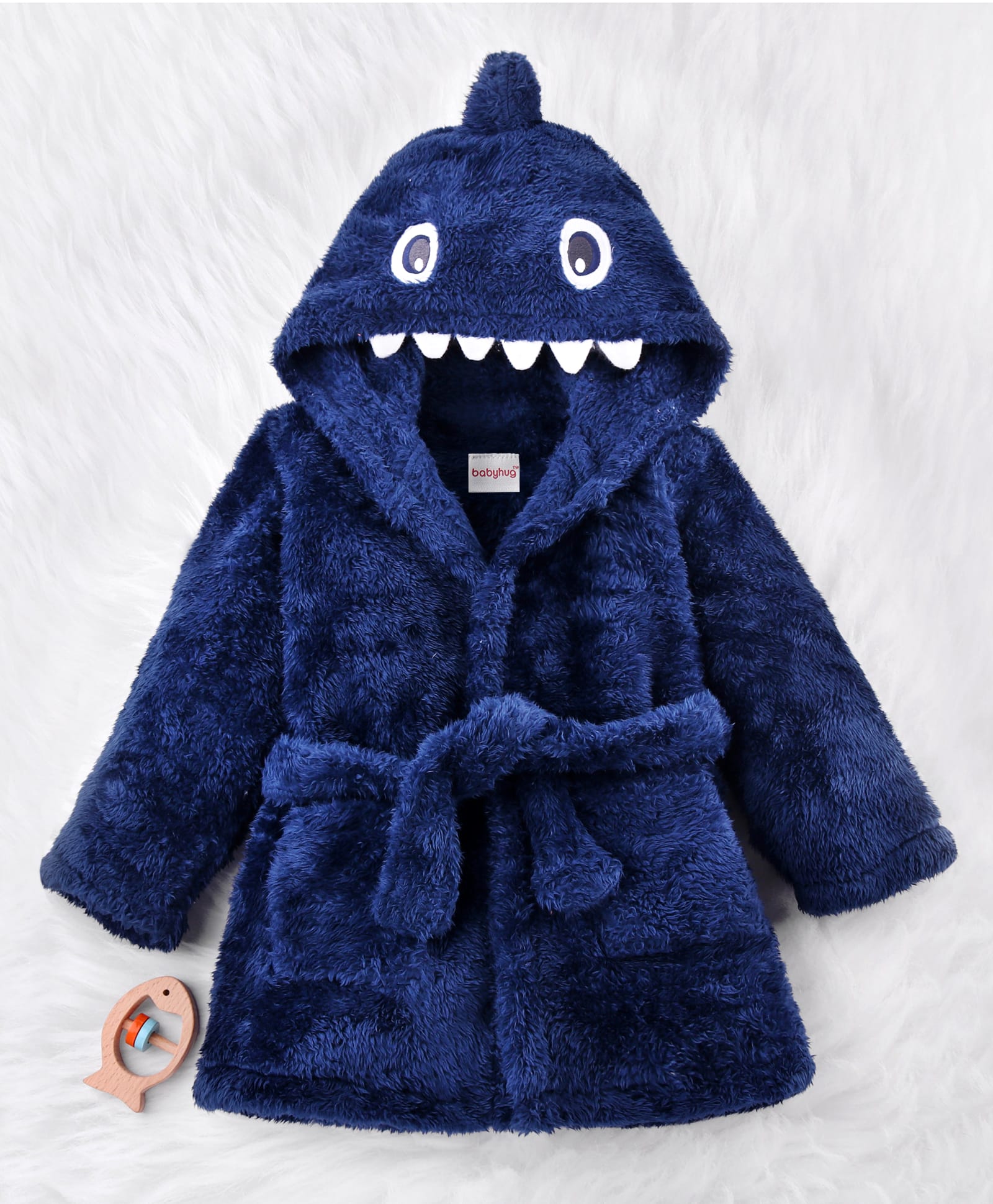 Babyhug Velour Knit Full Sleeves Hooded Bathrobe with Shark Applique & Embroidery - Navy Blue-image-35