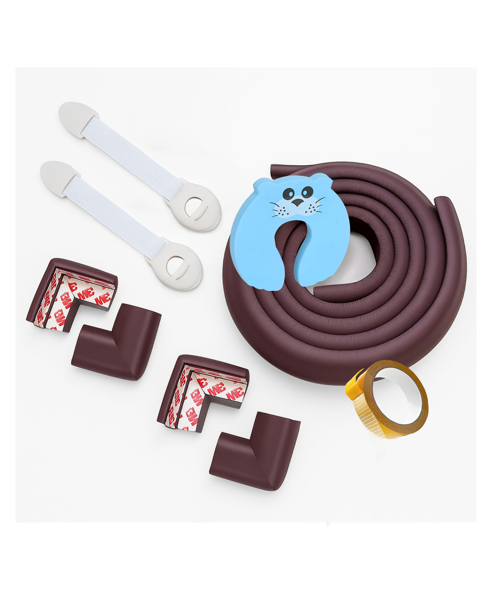 SYGA Baby Safety Set with Brown Corner Guards,2M Edge Protector & Door Stopper | Childproof Furniture Cushion Protection Combo for Home Safety (8, Multicolor)-image-7