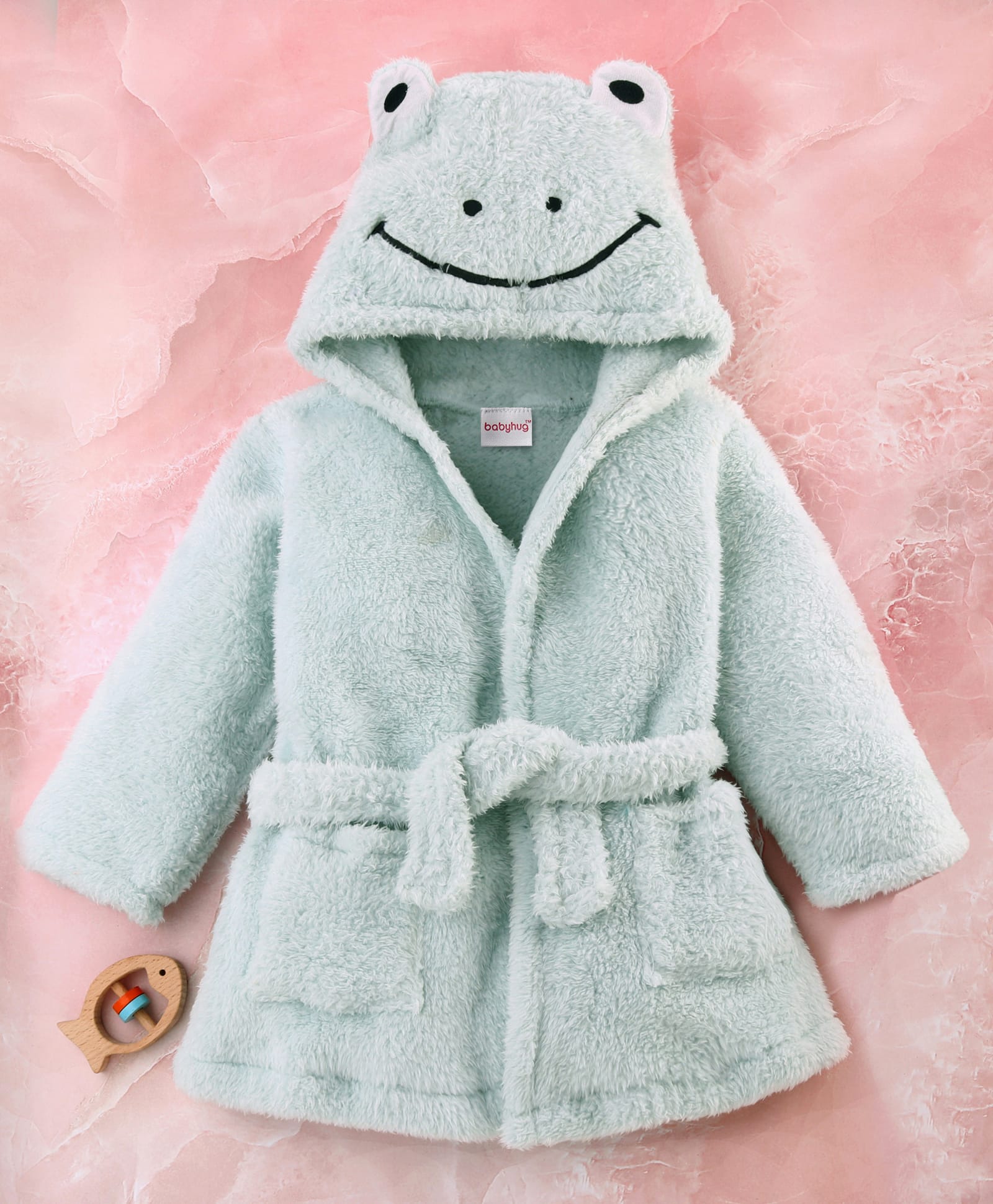 Babyhug Velour Knit Full Sleeves Hooded Bathrobe with Frog Applique & Embroidery - Light Blue-image-26