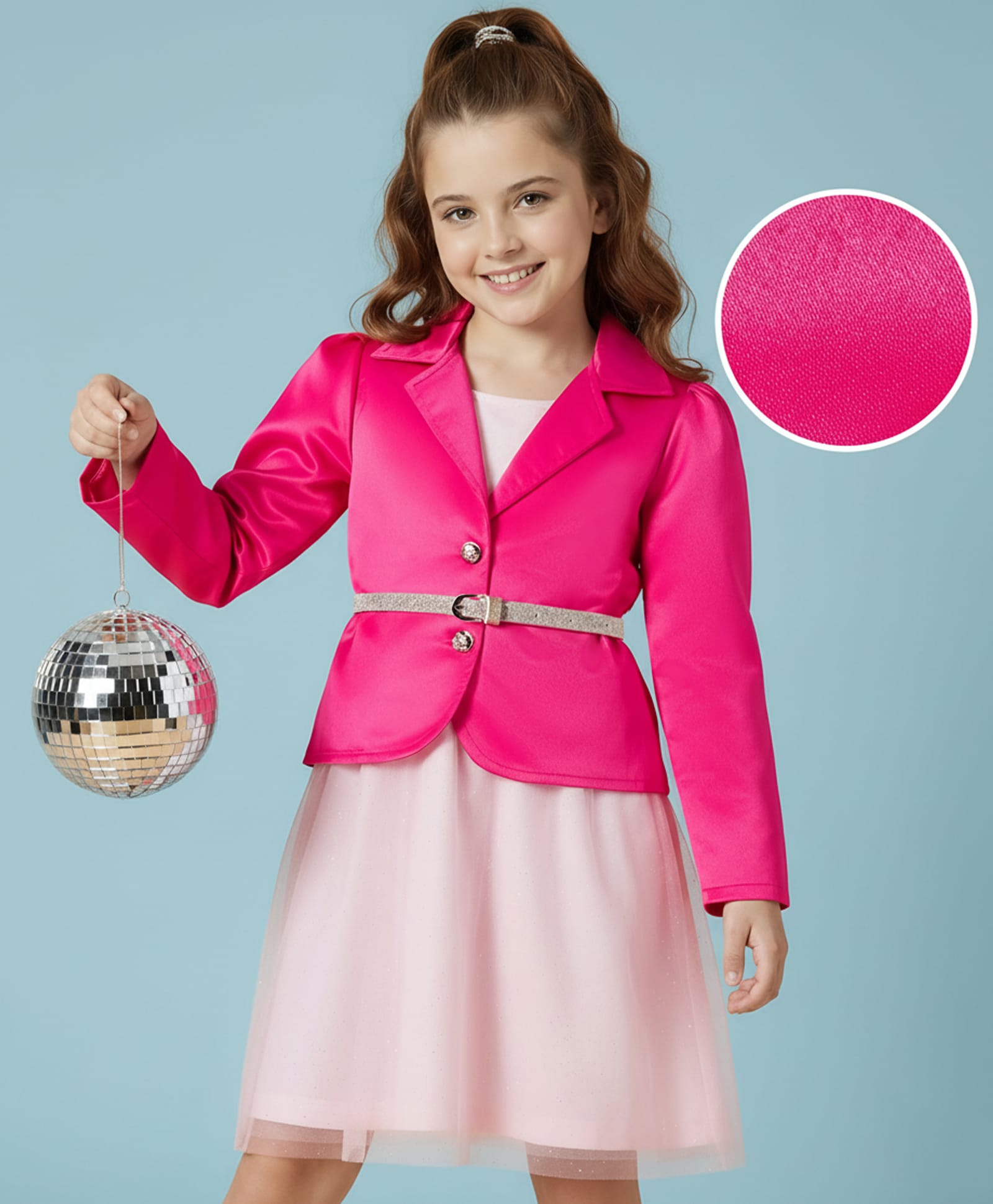 Hola Bonita Woven Mesh Glitter Solid Party Dress & Three Fourth Sleeves Satin Jacket With Belt - Fuchsia-image-22