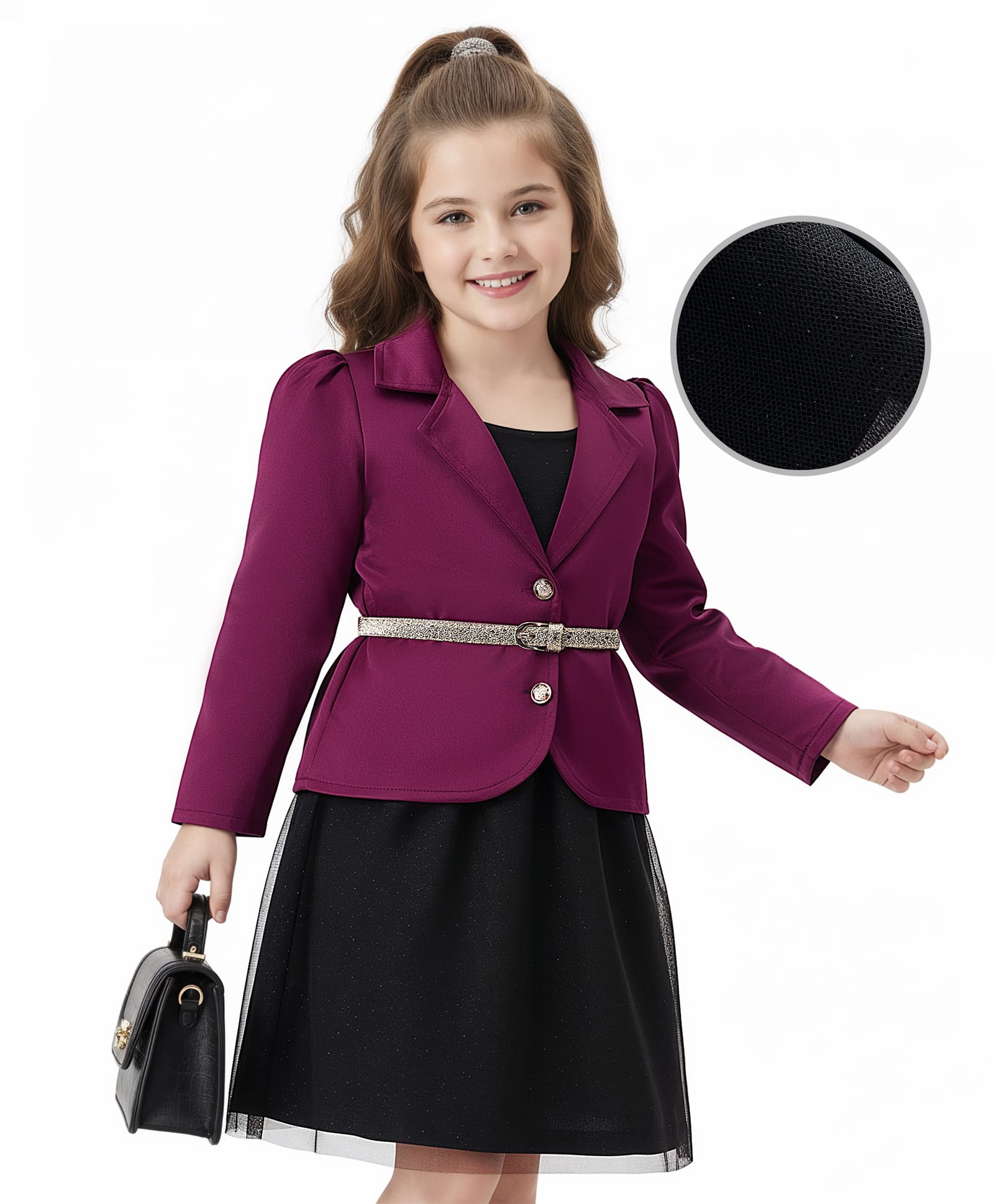 Hola Bonita Woven Three Fourth Sleeves Party Wear Satin Jacket with Mesh Glitter Dress & Belt - Wine & Black-image-2