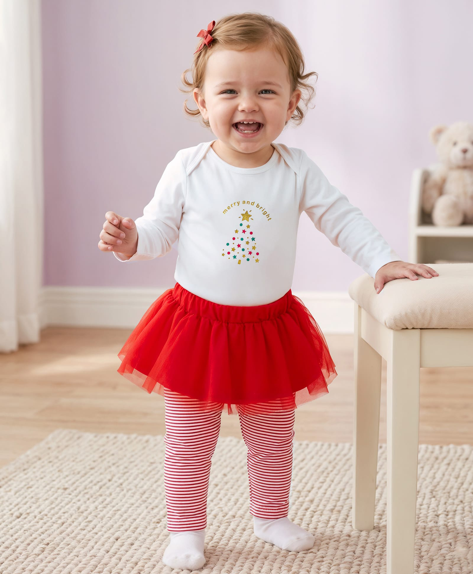 Babyoye 100% Cotton Knit Full Sleeves Onesie & Striped Leggings with Attached Skirt - White & Red-image-35