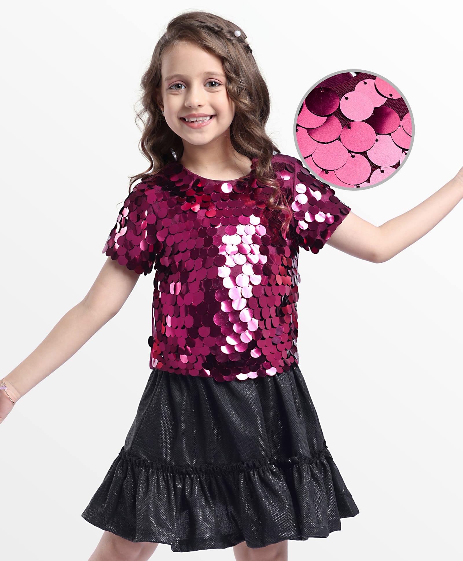 Hola Bonita Knit Half Sleeves Sequinned Party Top & Shimmer Mesh Skirt Set - Wine & Black-image-35