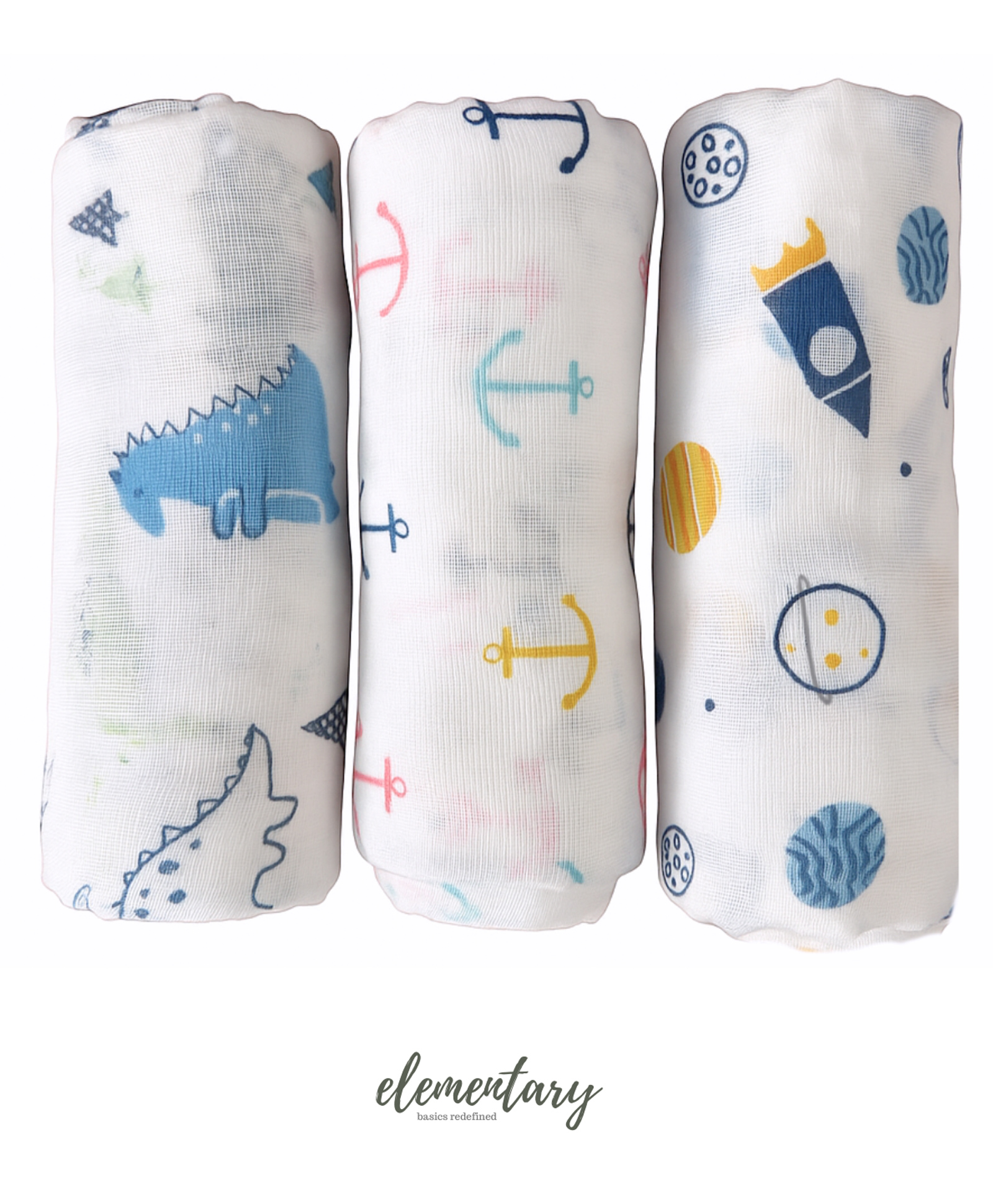 Elementary Organic Cotton Muslin Swaddle Wraps SpaceX and Dino Dreams Set of 3 - Blue, Yellow, Pink-image-11